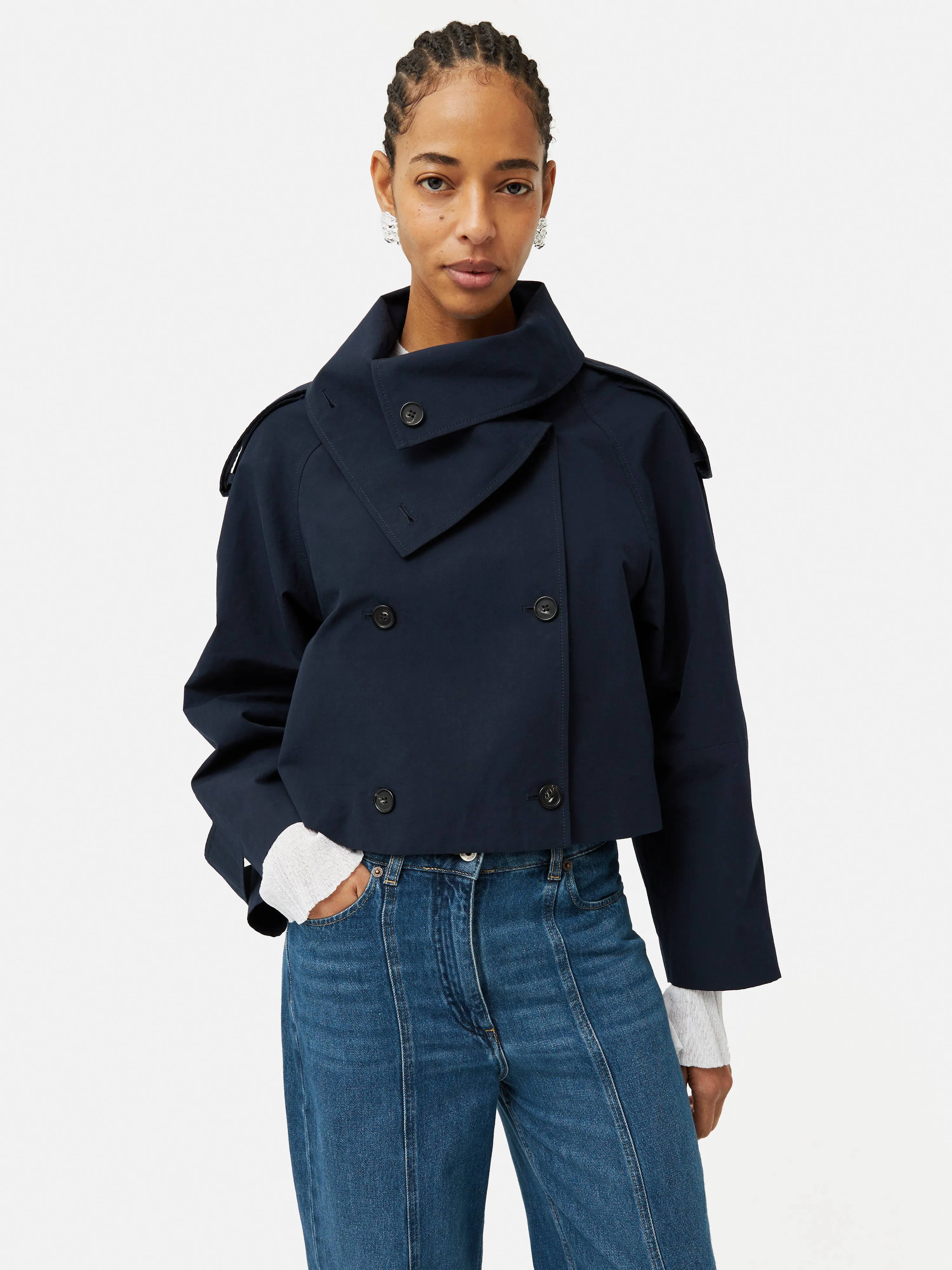 Cropped Cotton Trench Jacket | Navy sold by Jigsaw product image thumbnail 4