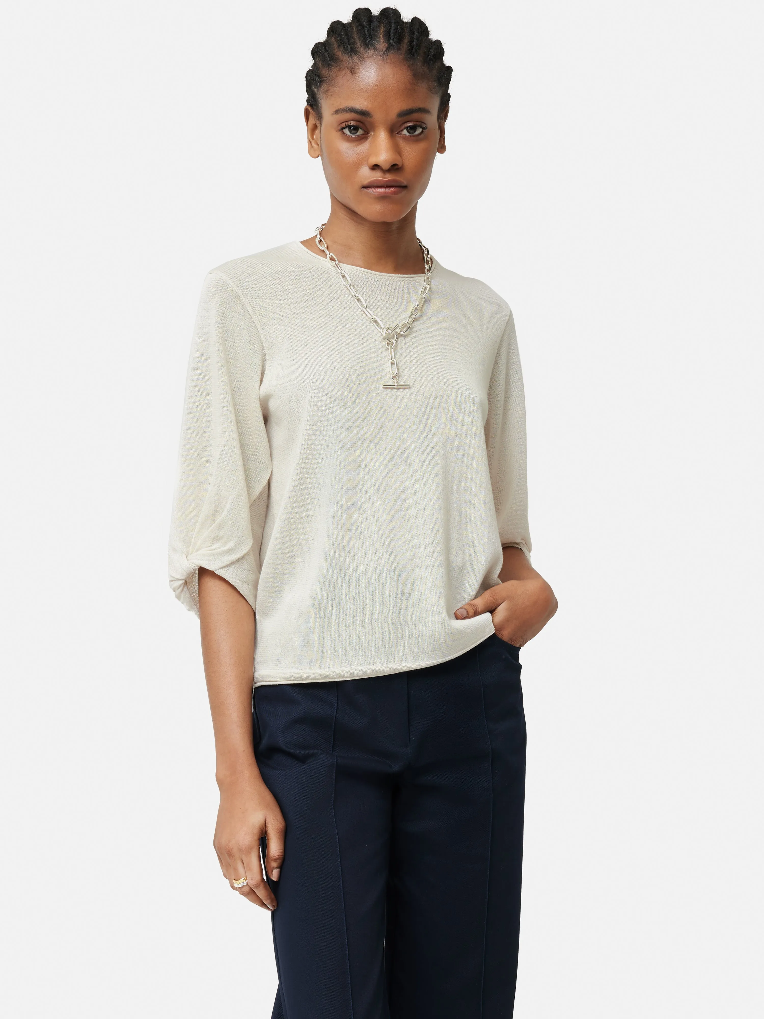 Twist Sleeve Knitted Top | Cream sold by Jigsaw