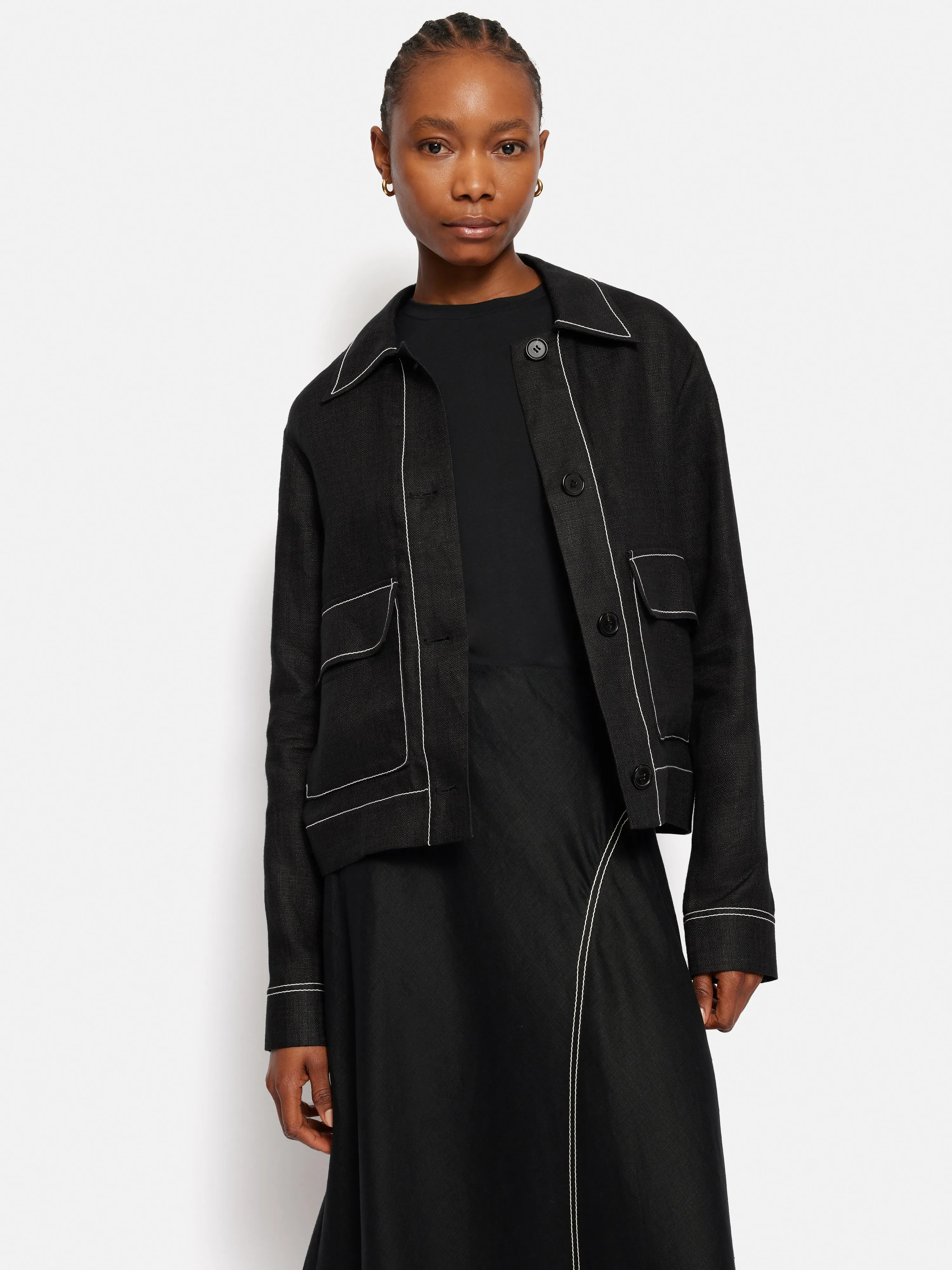 Linen Cropped Utility Jacket | Black sold by Jigsaw