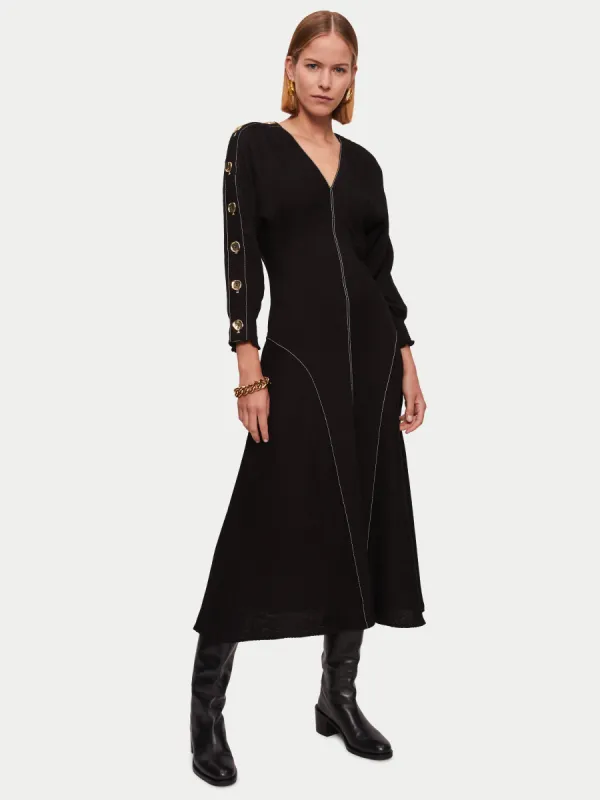 Button Detail Crepe Midi Dress | Black sold by Jigsaw