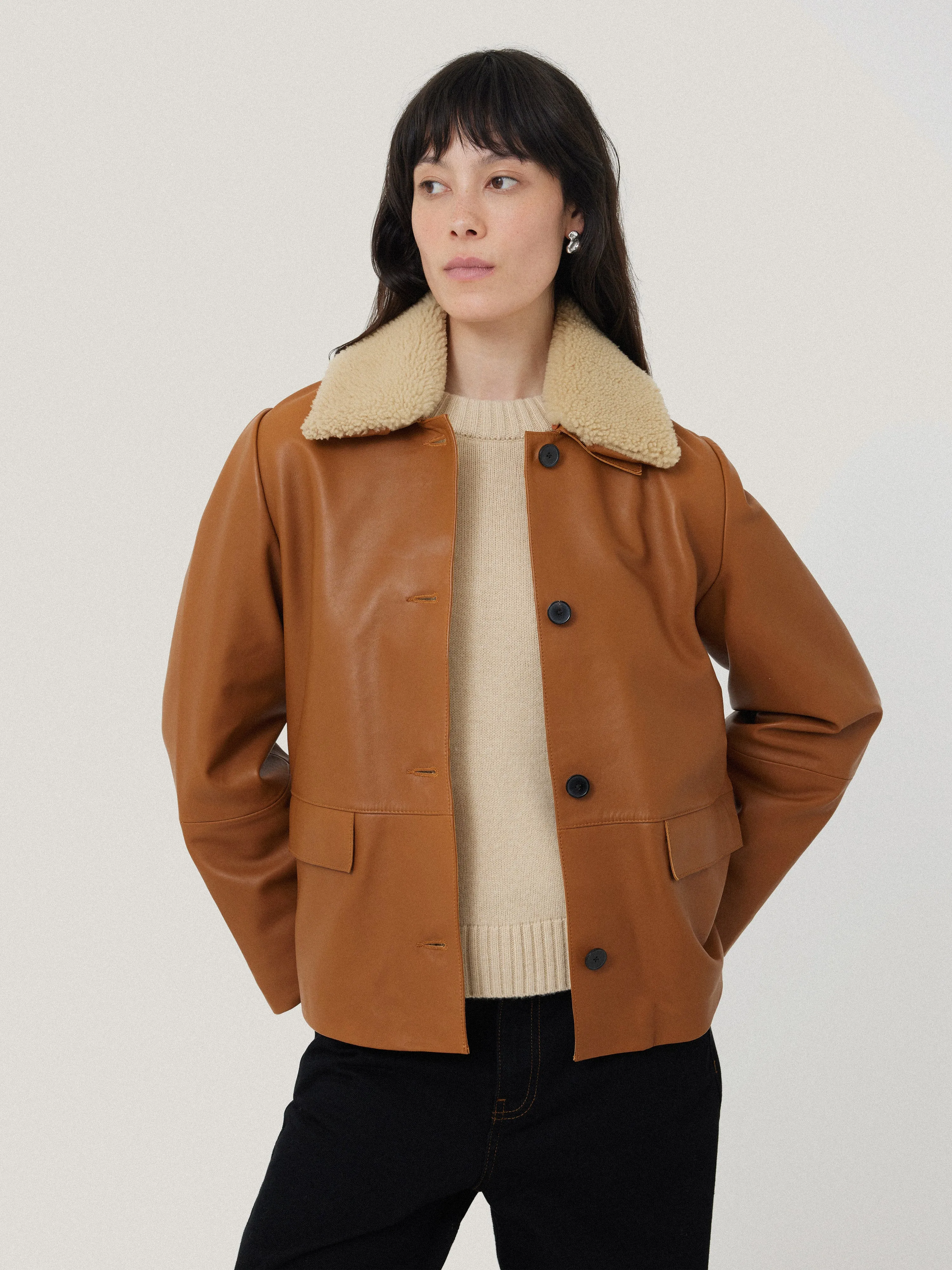 Leather Cropped Jacket | Ginger sold by Jigsaw