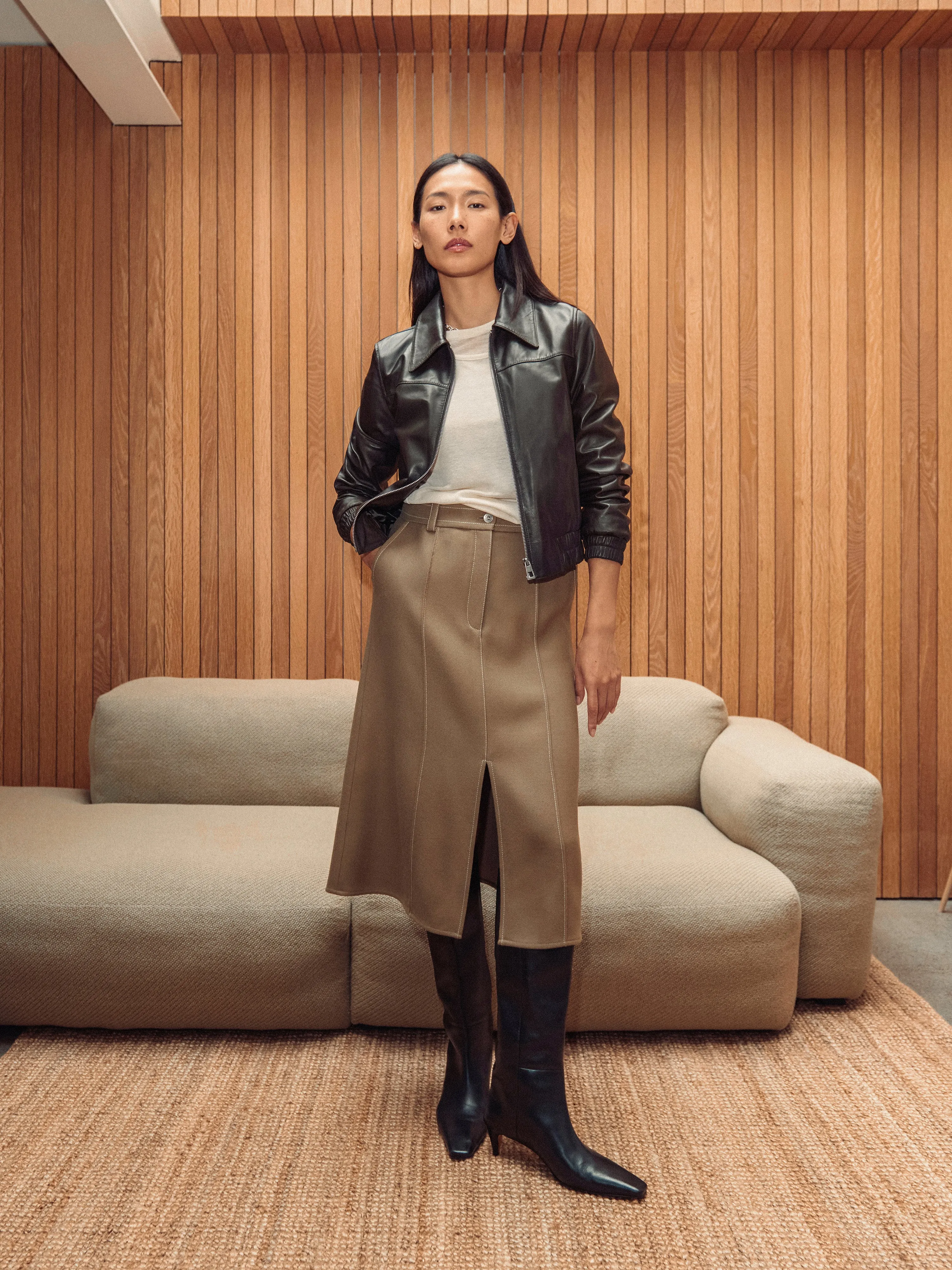 Leather Zip Front Biker | Dark Olive sold by Jigsaw product image thumbnail 2