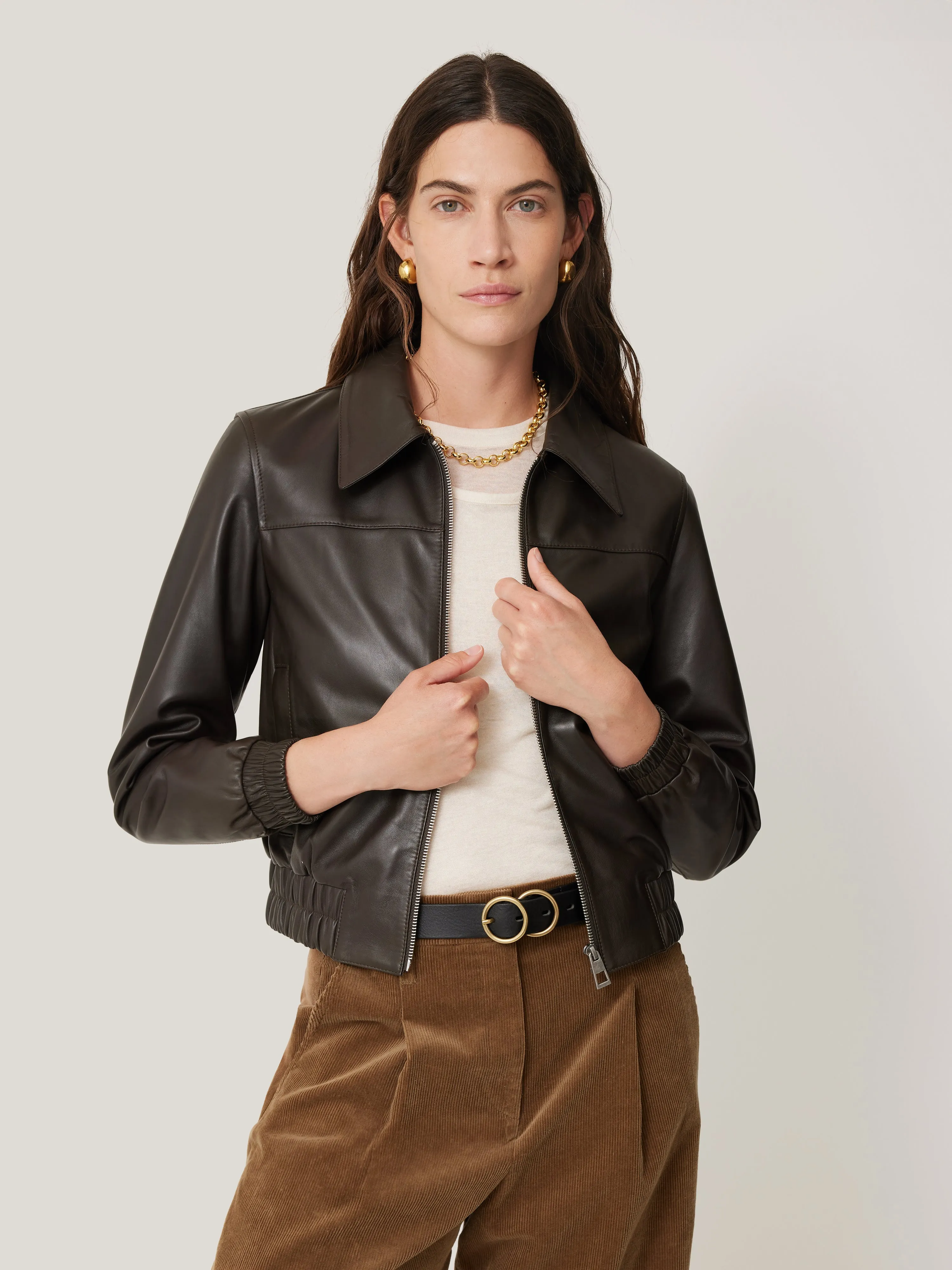 Leather Zip Front Biker | Dark Olive sold by Jigsaw