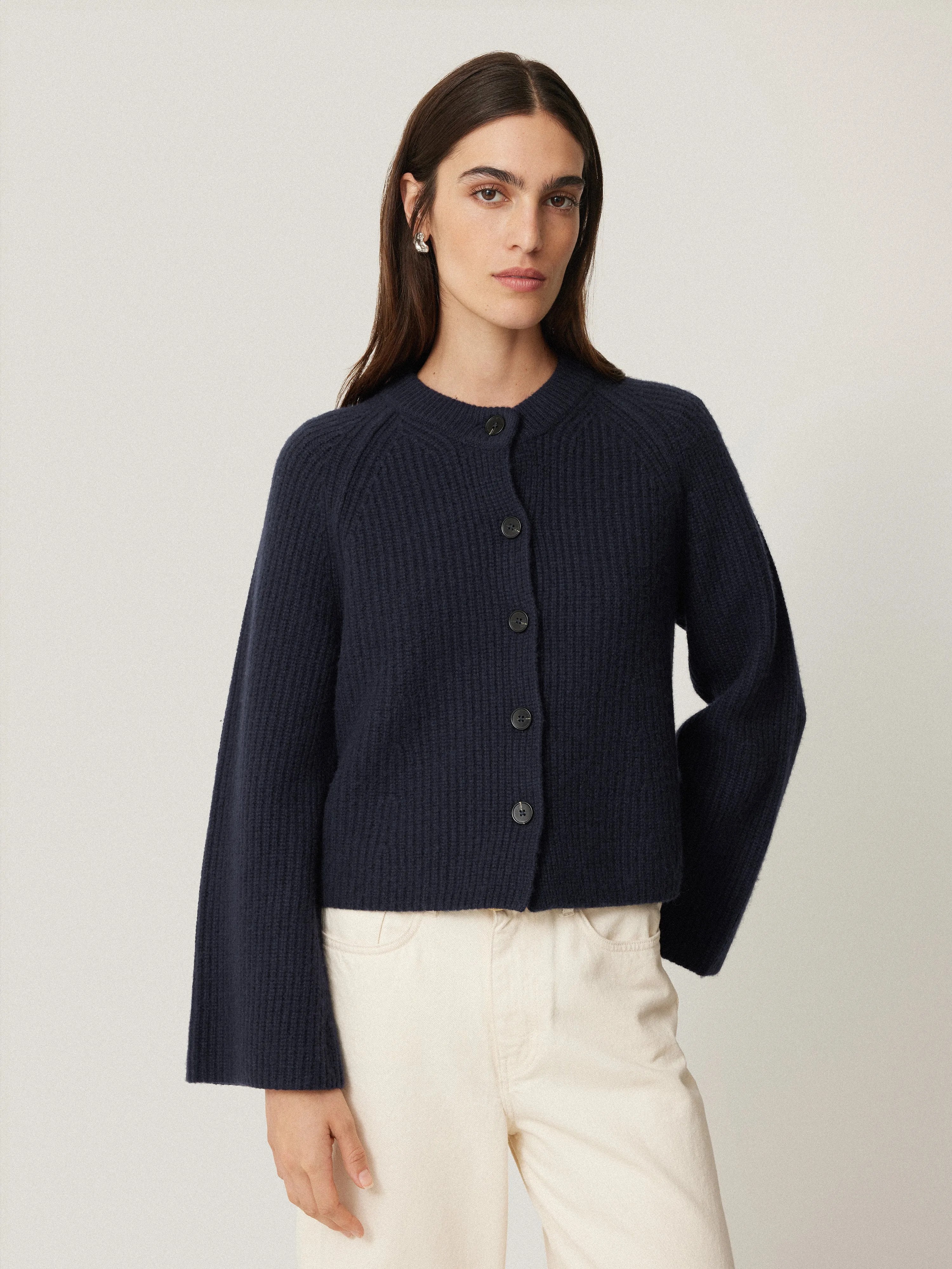 Wool Cashmere Blend Rib Cardigan | Navy sold by Jigsaw