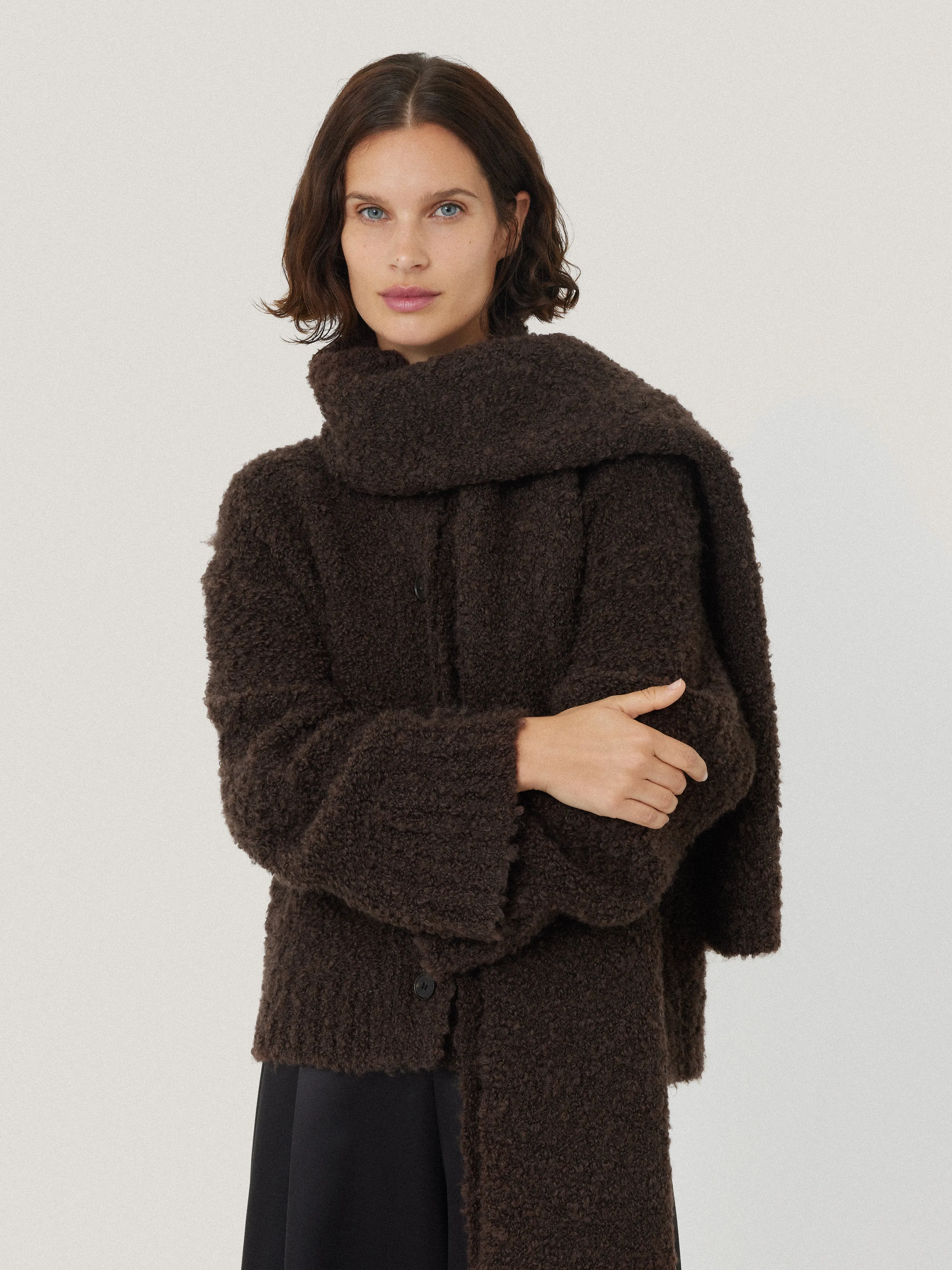 Cosy Boucle Scarf Cardi | Brown sold by Jigsaw
