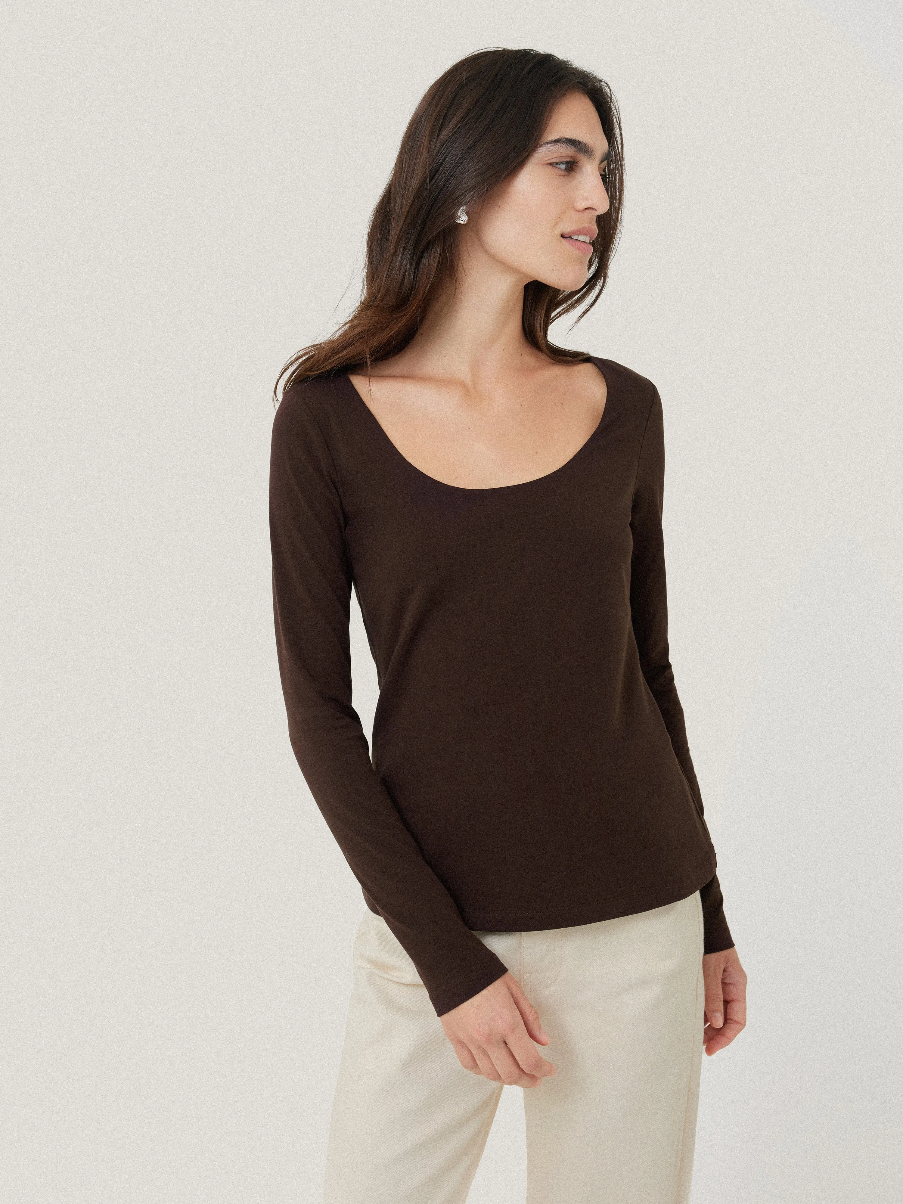 Double Front Ballet Neck Top | Brown sold by Jigsaw