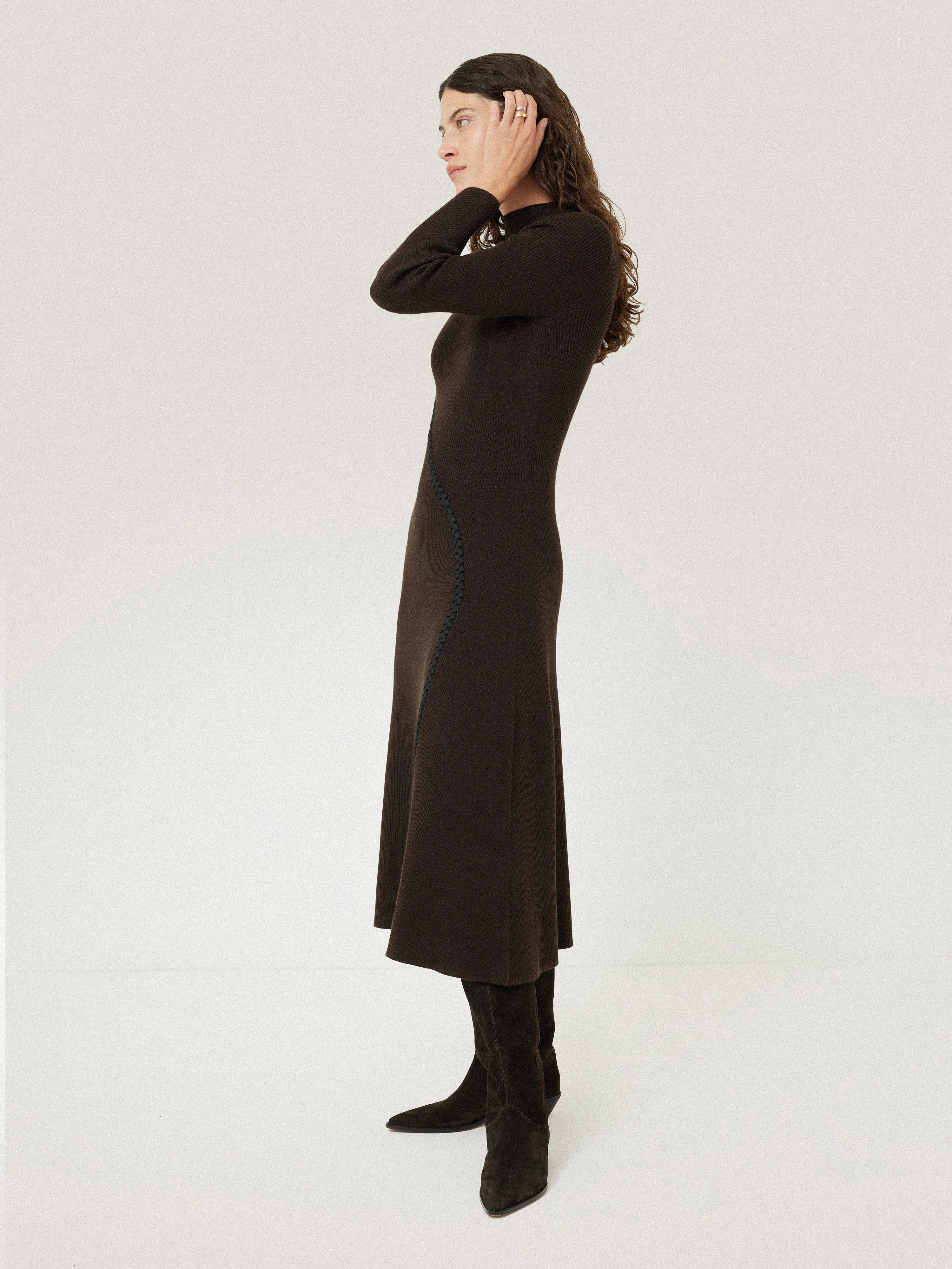 Lattice Trim Knitted Dress | Brown sold by Jigsaw