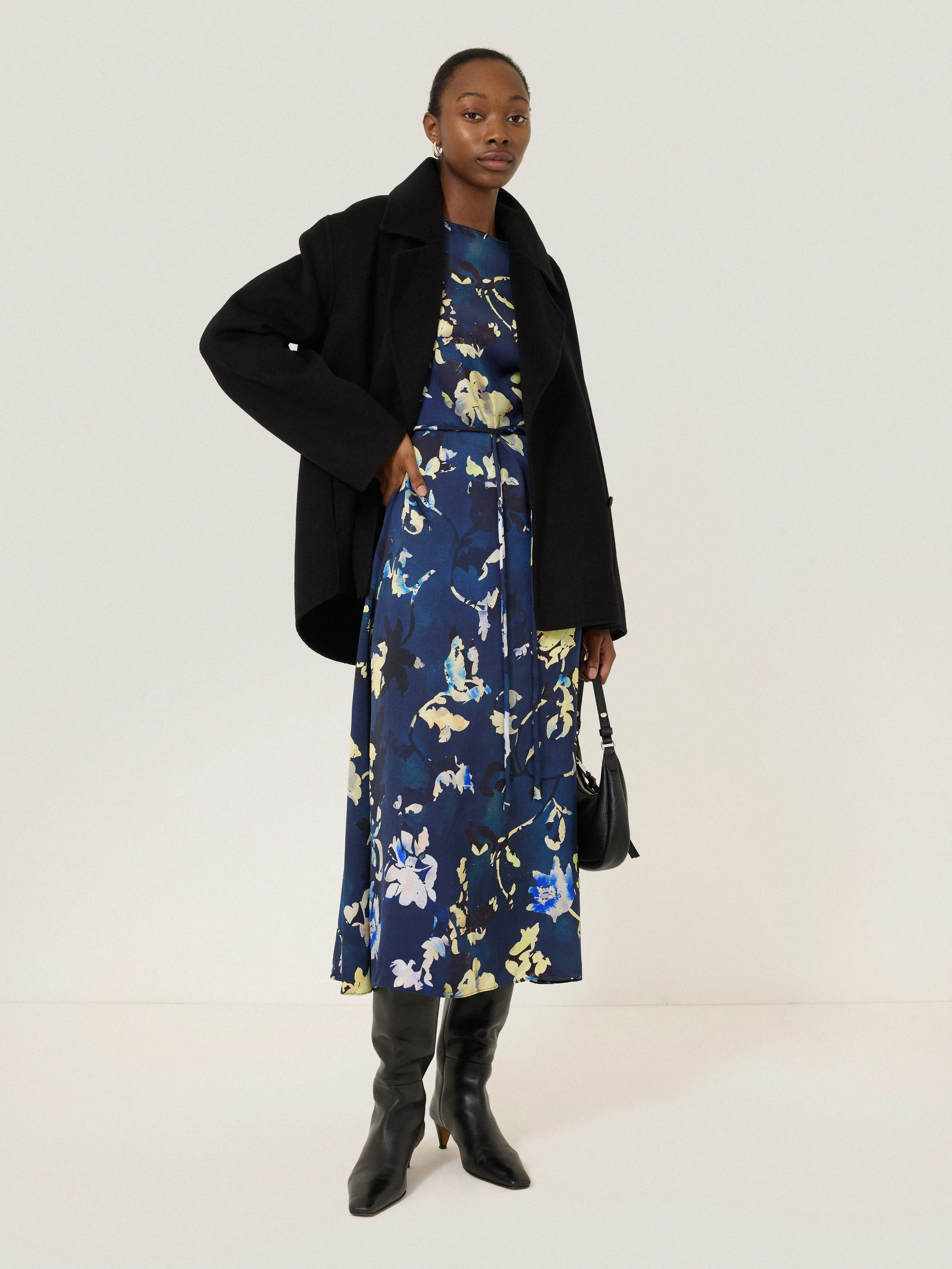 Hidden Floral Satin Dress | Navy sold by Jigsaw