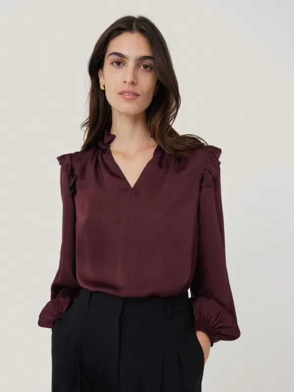 Recycled Satin Ruffle Top | Burgundy sold by Jigsaw