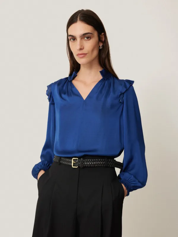 Recycled Satin Ruffle Top | Blue sold by Jigsaw