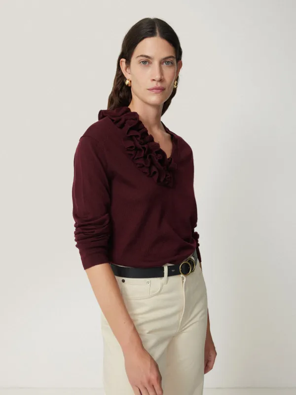 Merino Ruffle V Neck Jumper | Burgundy sold by Jigsaw