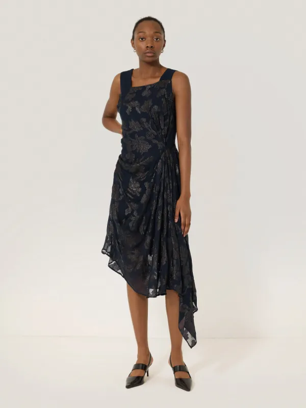 Metallic Jacquard Drape Dress | Navy sold by Jigsaw