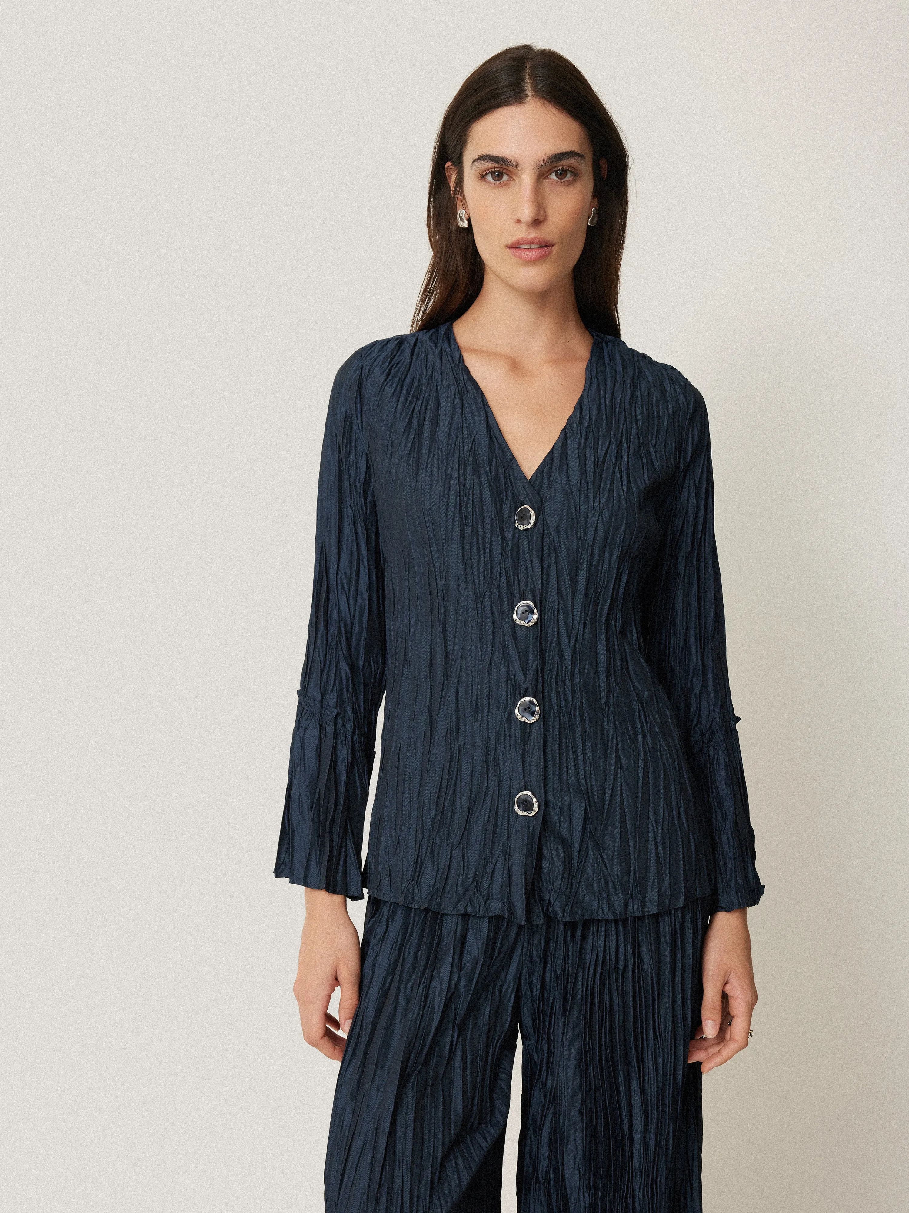 Plisse Button Up Top | Navy sold by Jigsaw