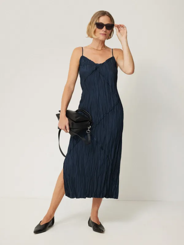 Satin Drape Plisse Slip Dress | Navy sold by Jigsaw