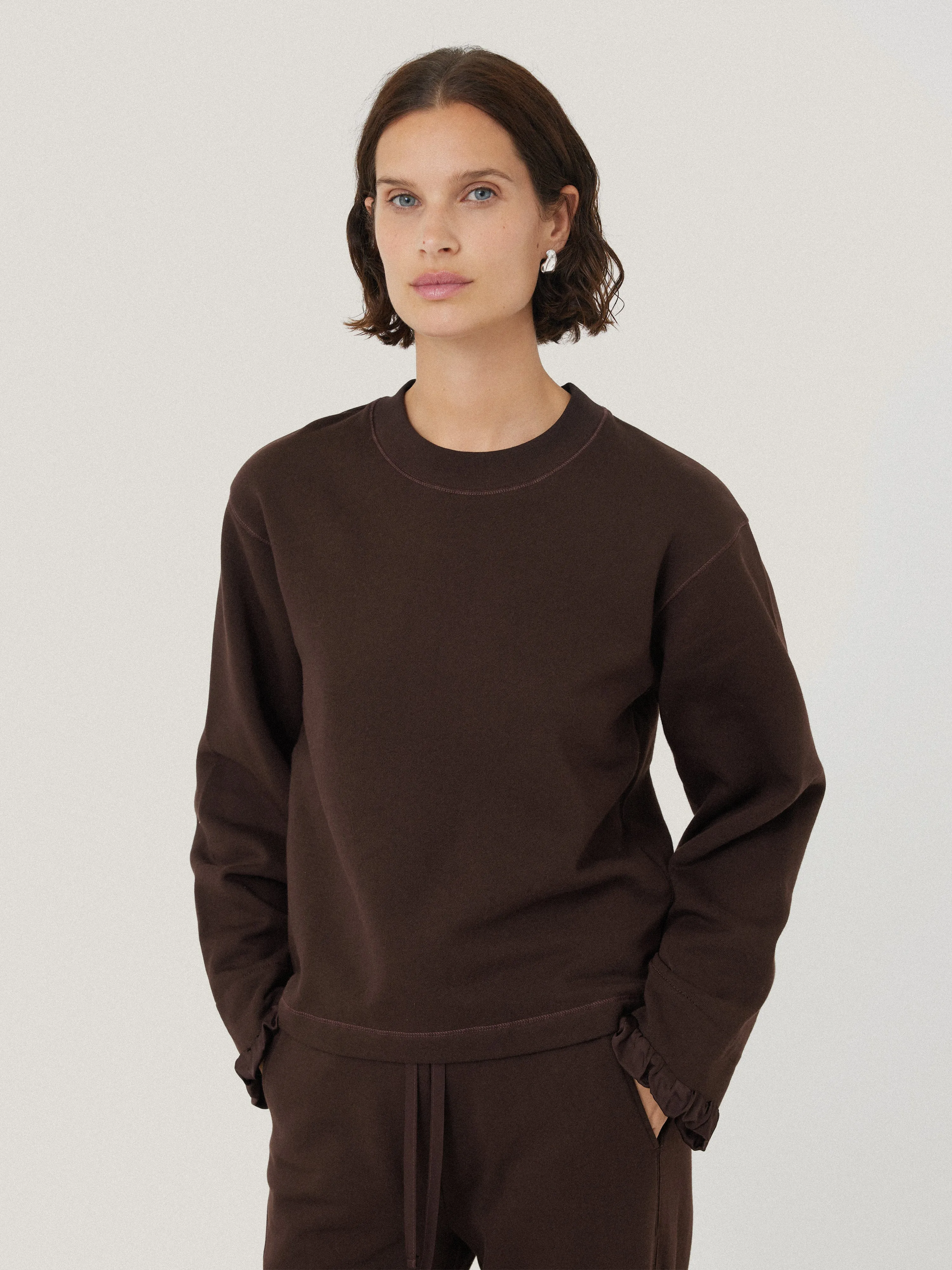 Satin Cuff Jersey Sweatshirt | Chocolate sold by Jigsaw