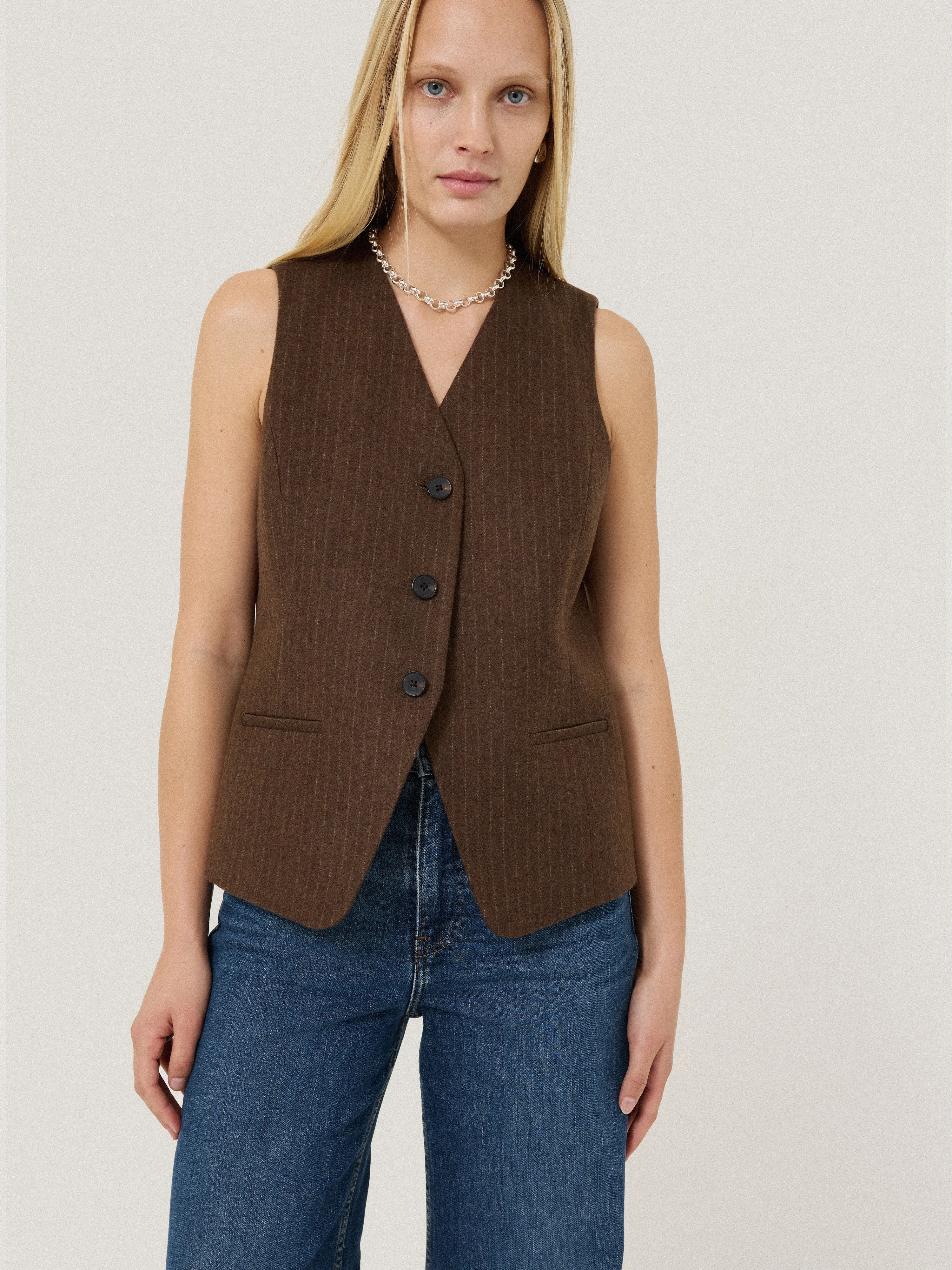 Wool Pinstripe Waistcoat | Brown sold by Jigsaw