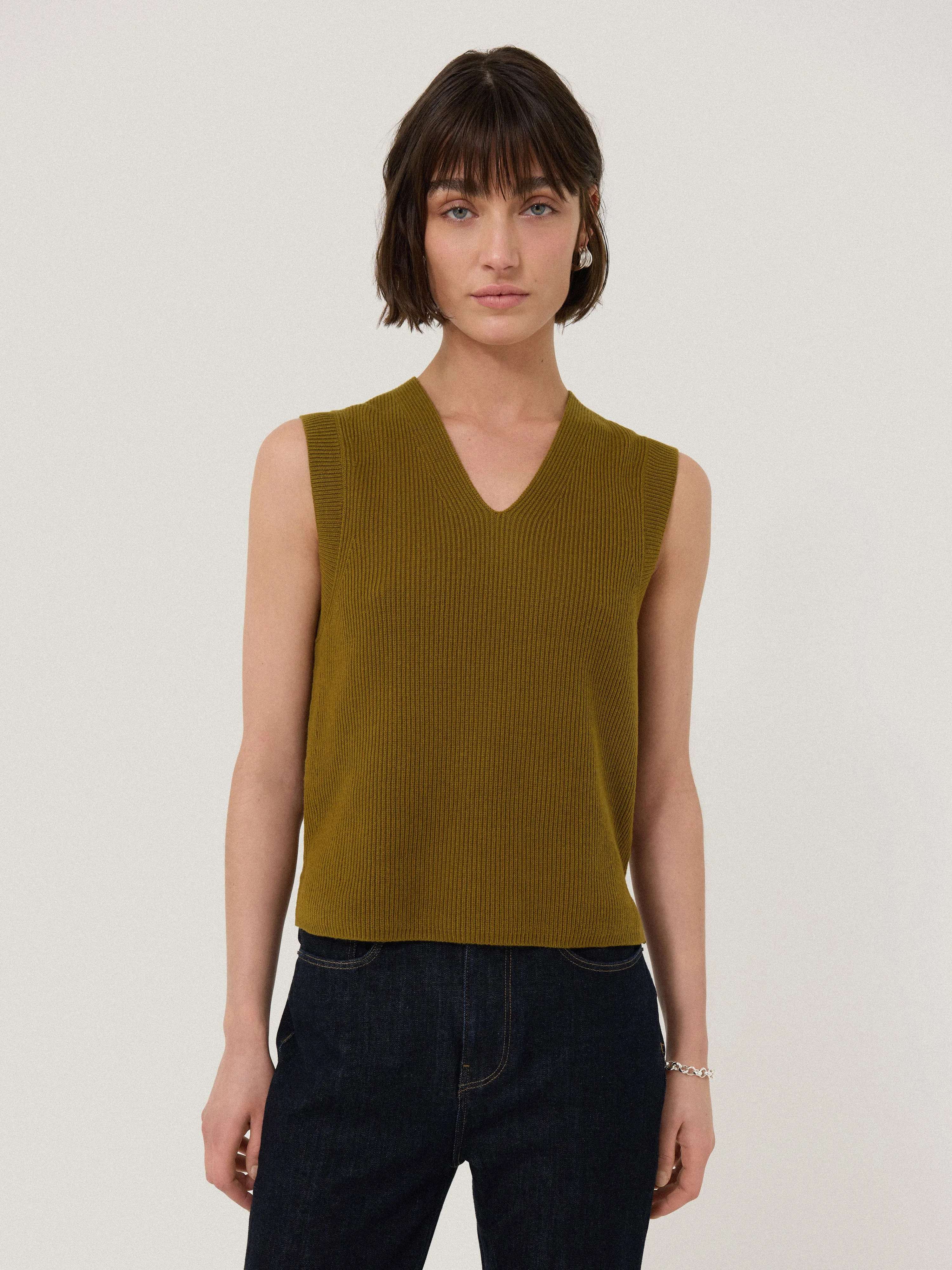 Cotton Blend V Neck Tank | Khaki sold by Jigsaw