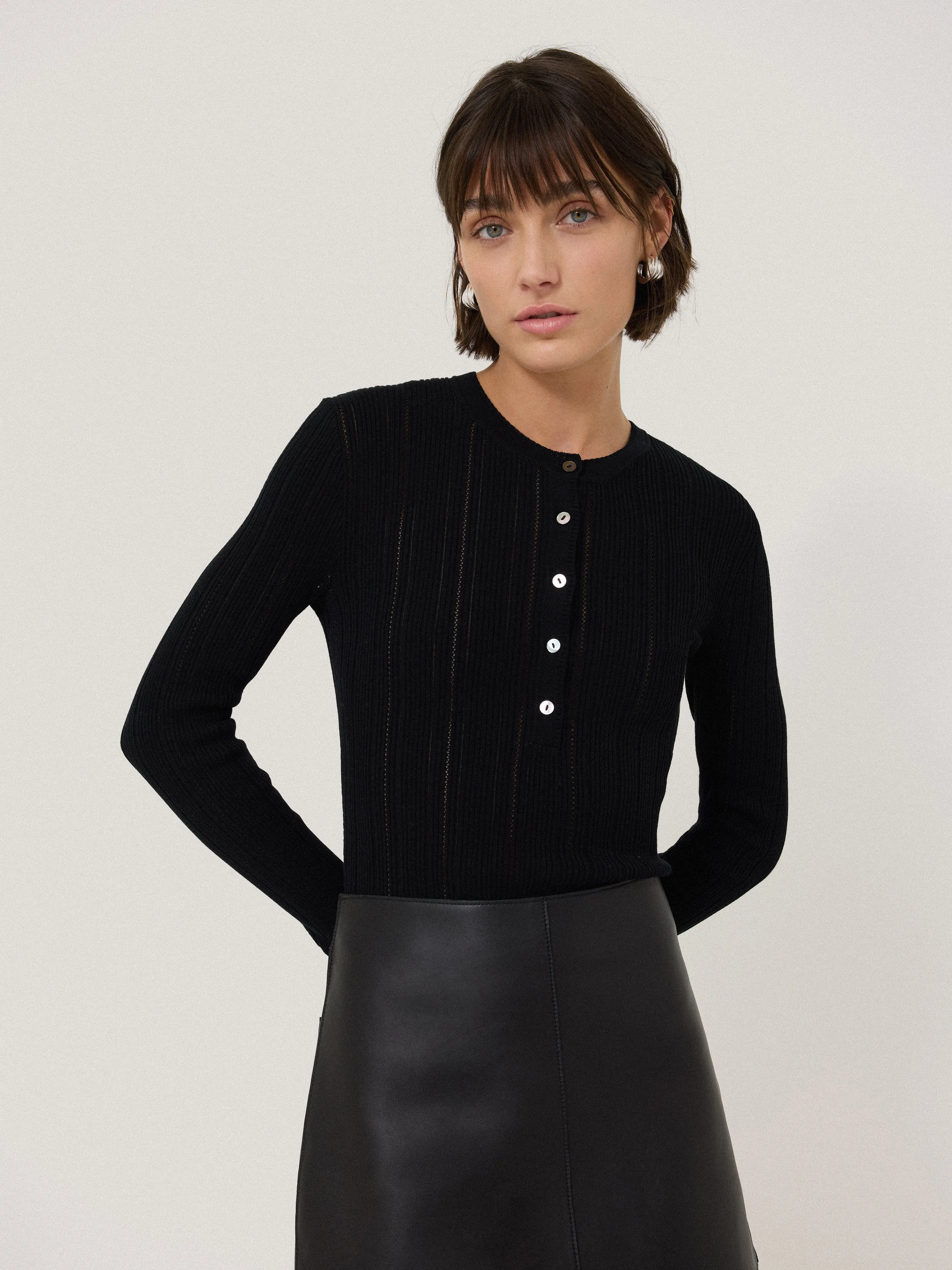 Rib Pointelle Henley Jumper | Black sold by Jigsaw