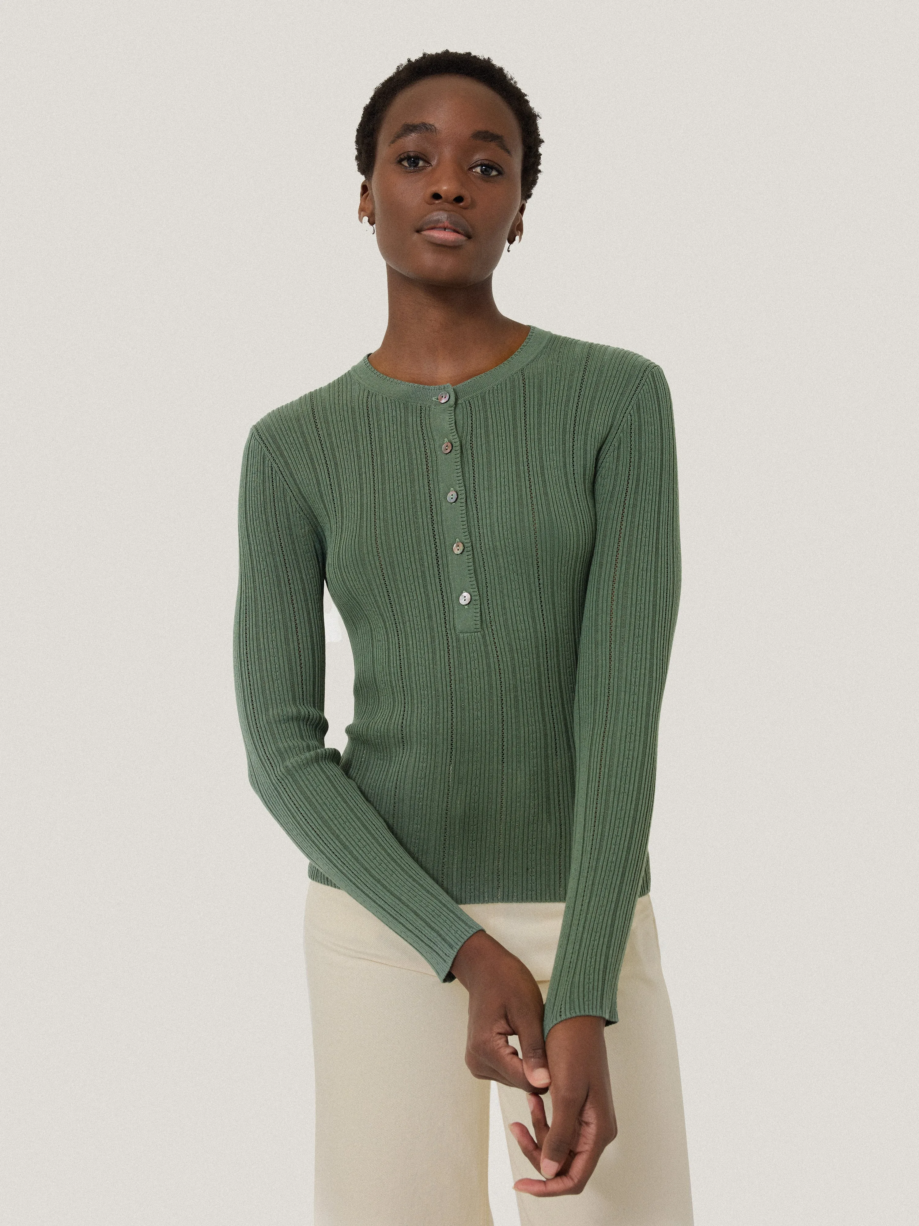 Rib Pointelle Henley Jumper | Green sold by Jigsaw