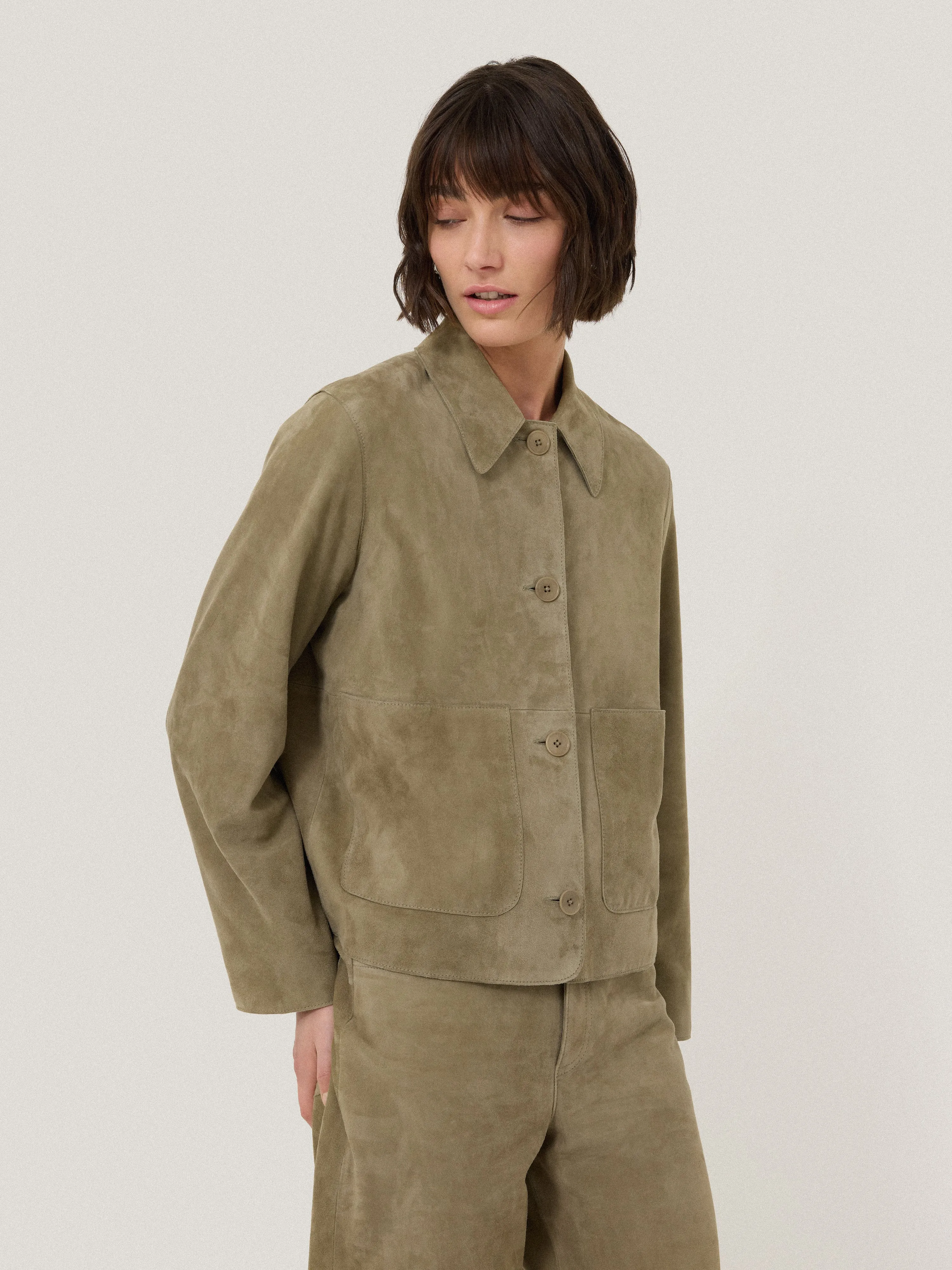 Suede Cropped Jacket | Green sold by Jigsaw