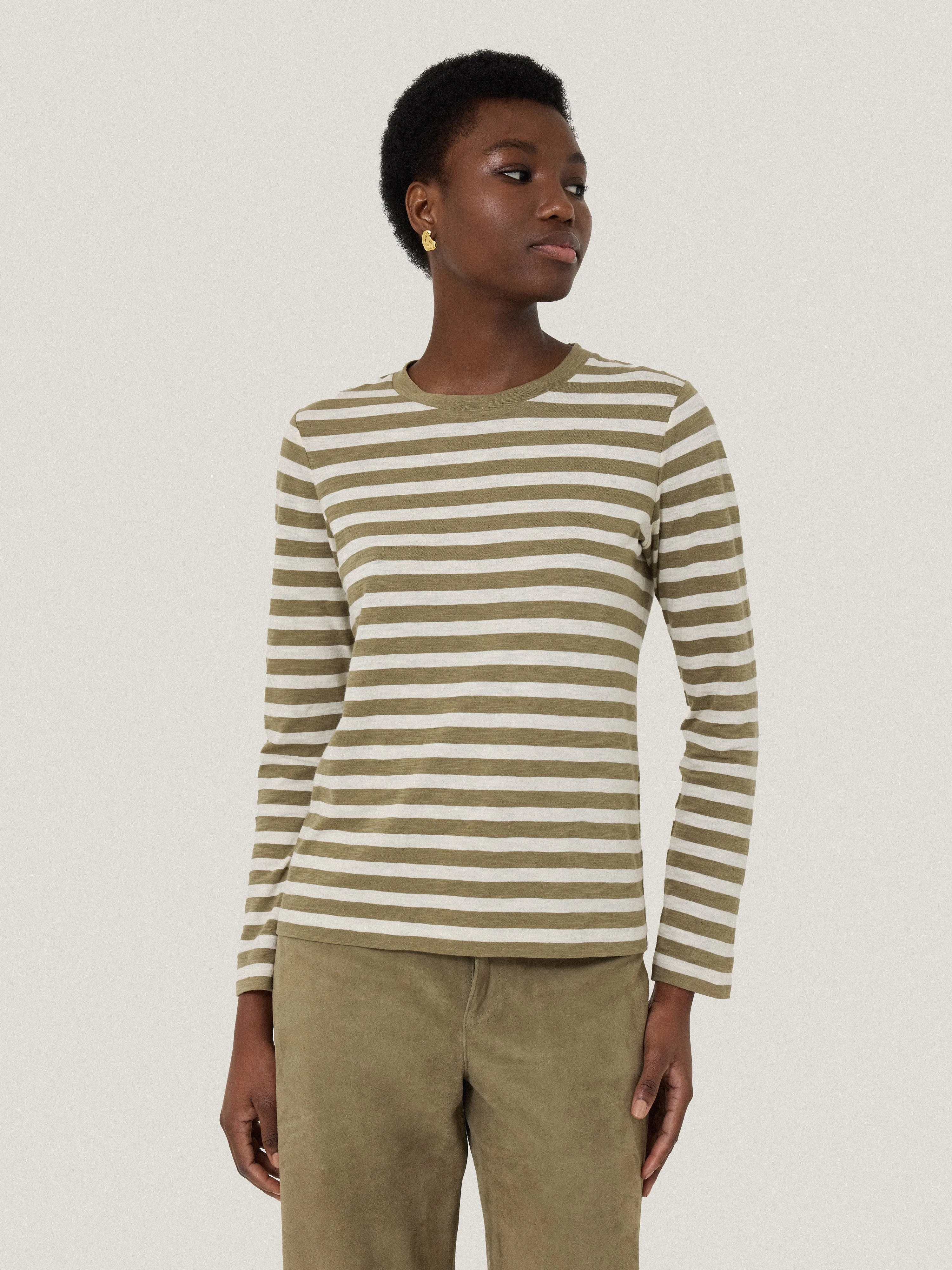 Cotton Stripe Long Sleeve Tee | Khaki sold by Jigsaw