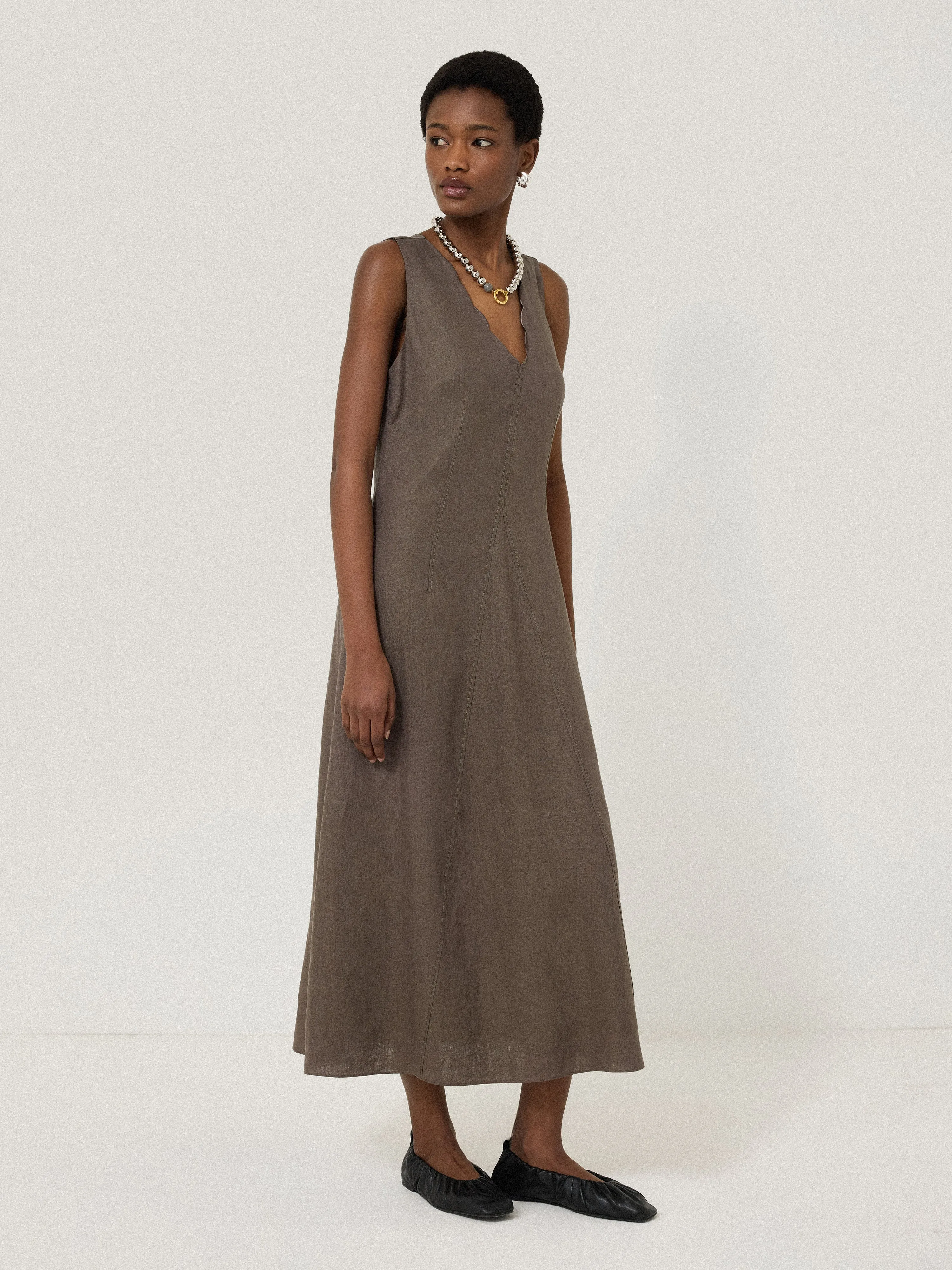 Scallop Detail Linen Dress | Brown sold by Jigsaw