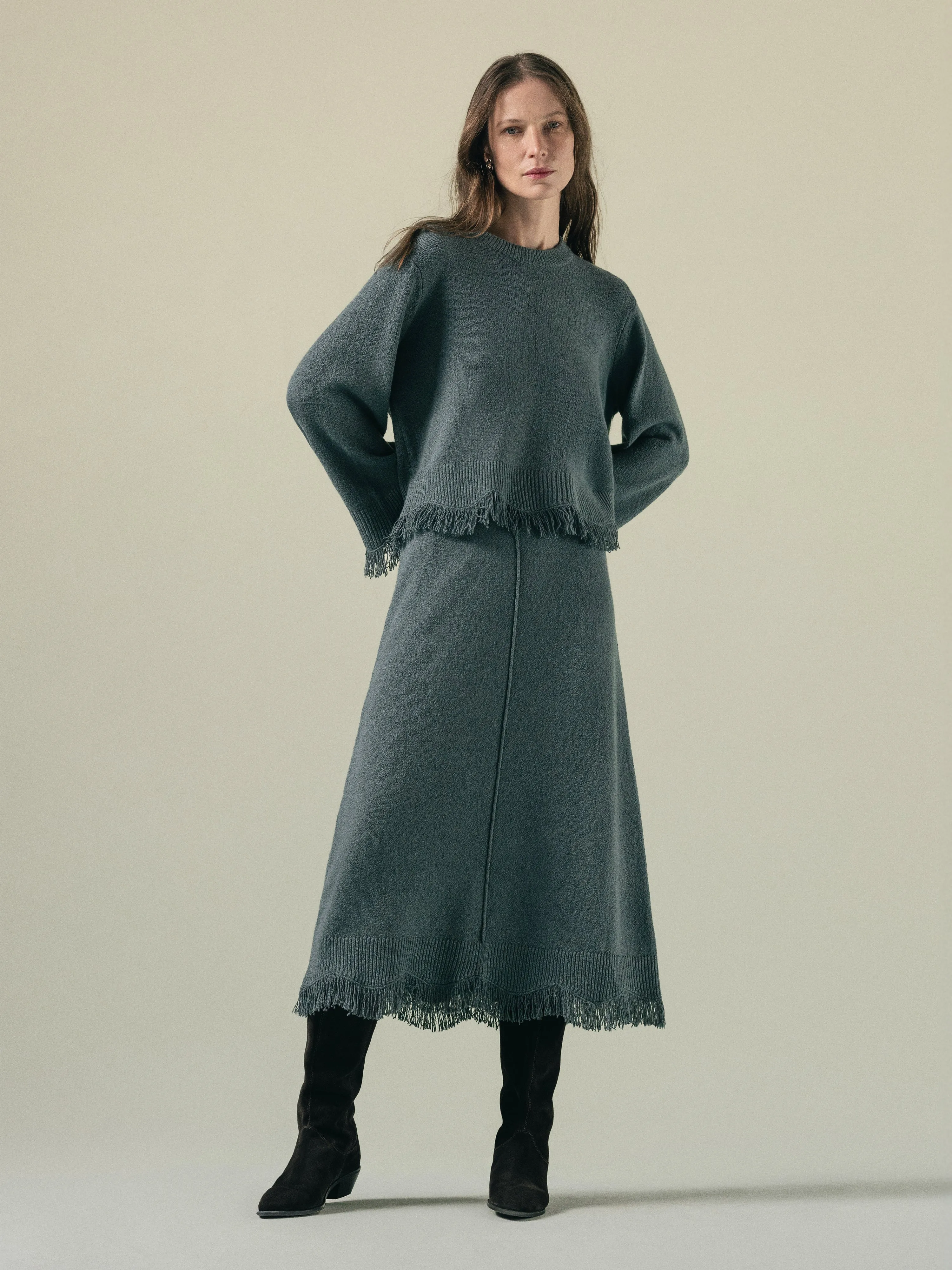 Silk Blend Boucle Fringe Skirt | Blue sold by Jigsaw