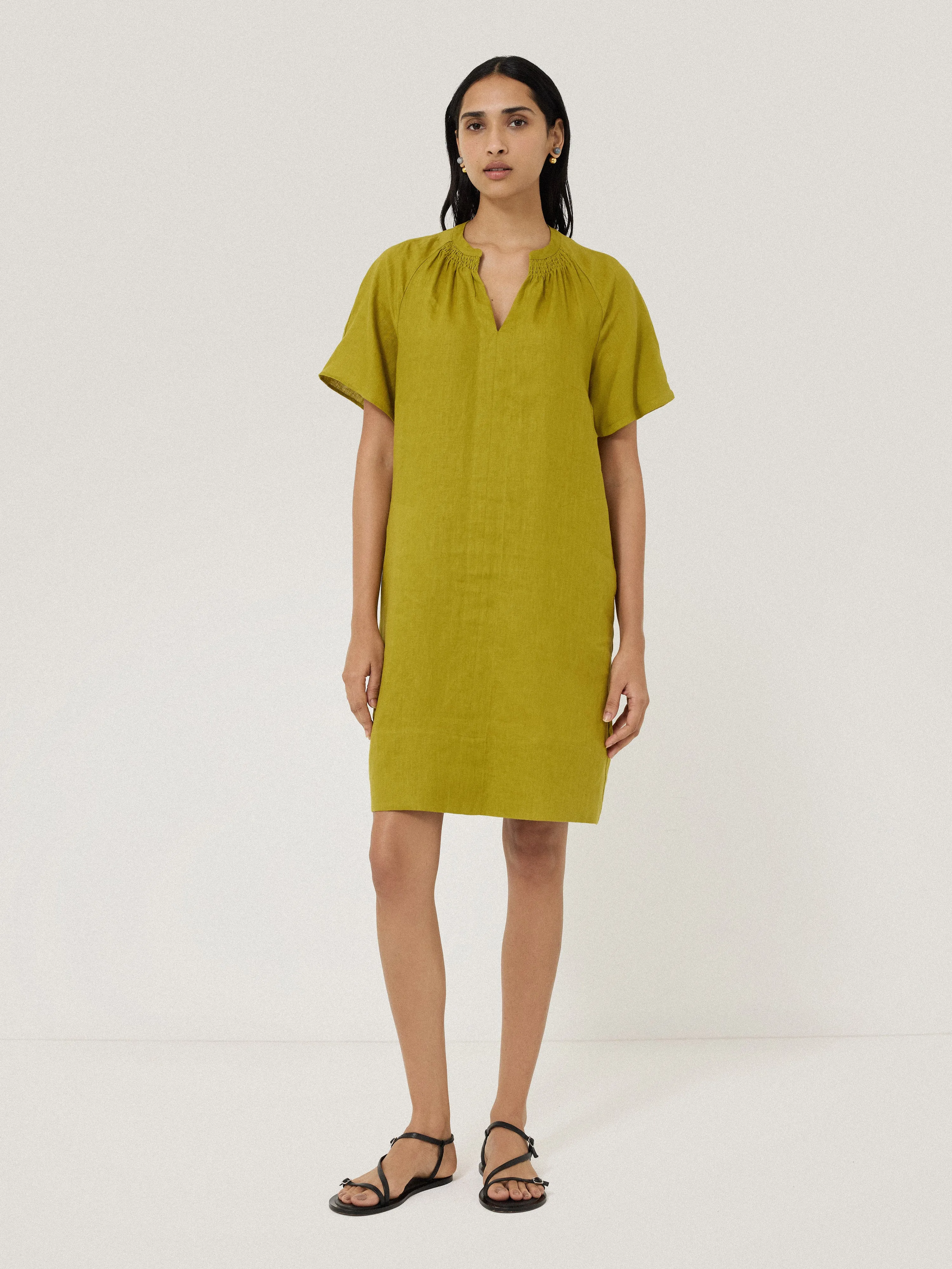 Linen Smocked T-shirt Dress | Green sold by Jigsaw