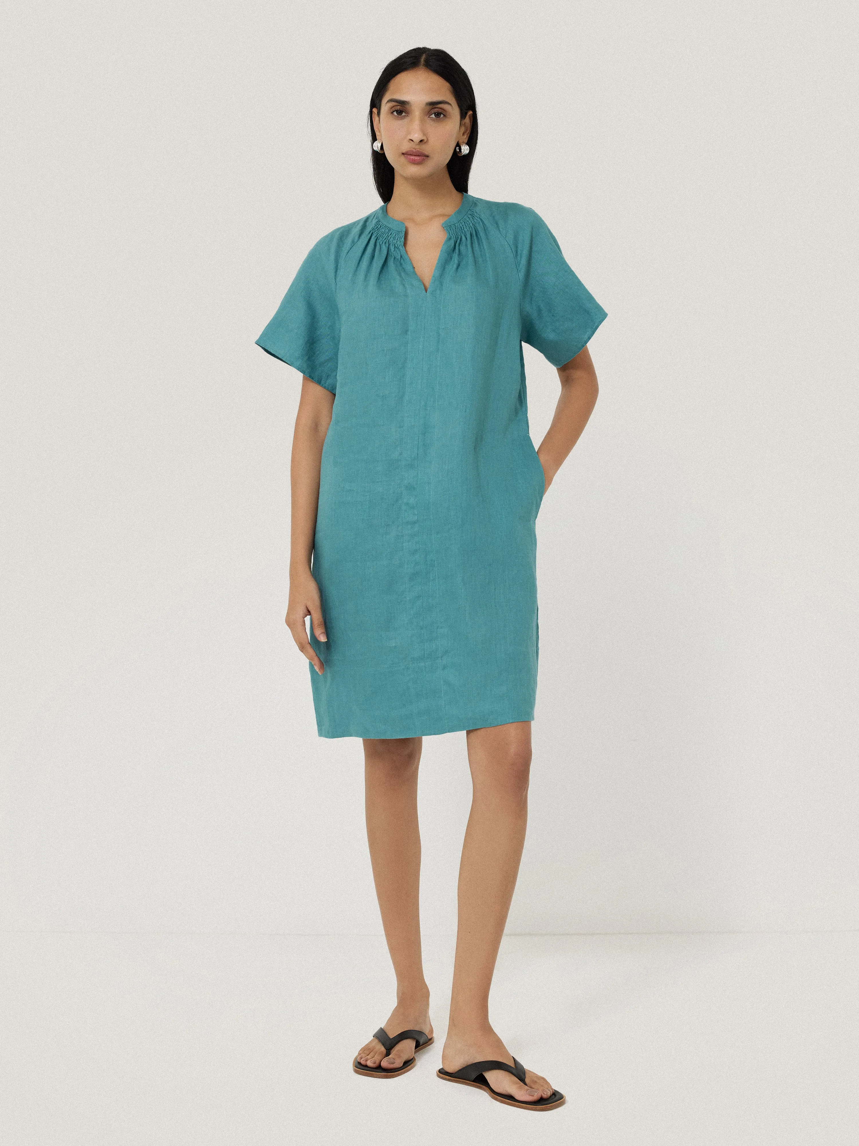 Linen Smocked T-shirt Dress | Blue sold by Jigsaw