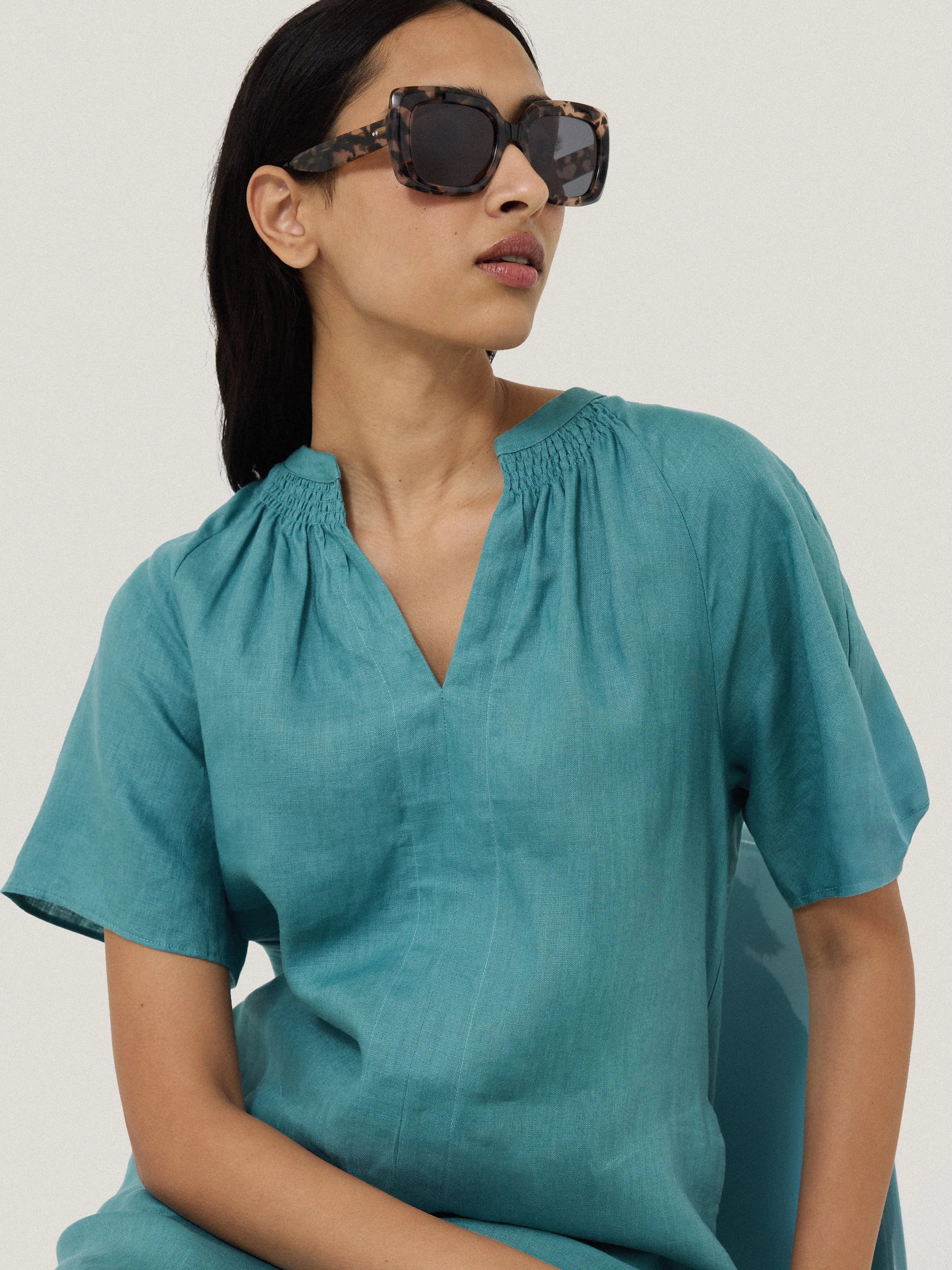 Linen Smocked T-shirt Dress | Blue sold by Jigsaw product image thumbnail 5