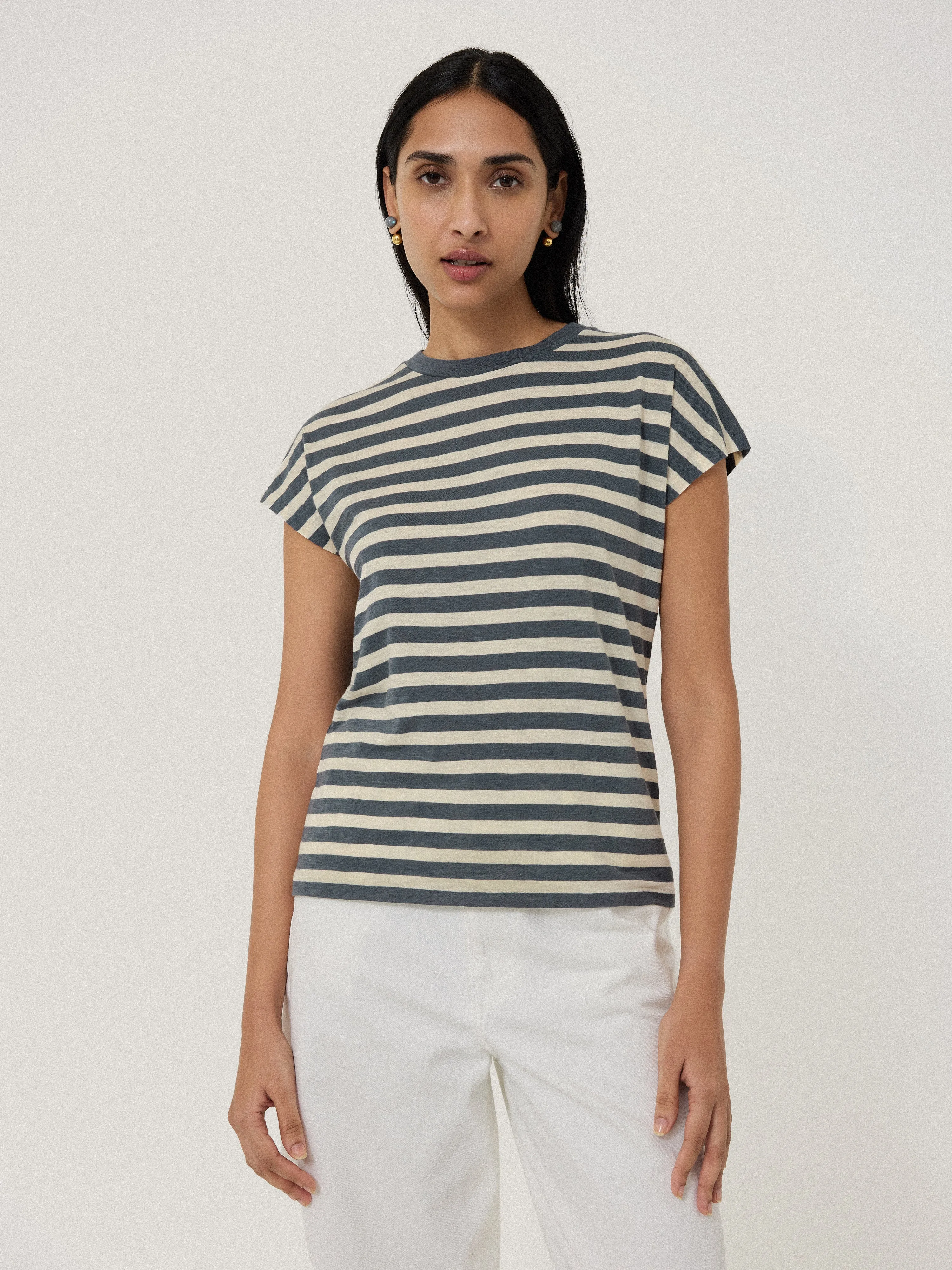 Cotton Slub Stripe Cap Sleeve Top | Grey sold by Jigsaw