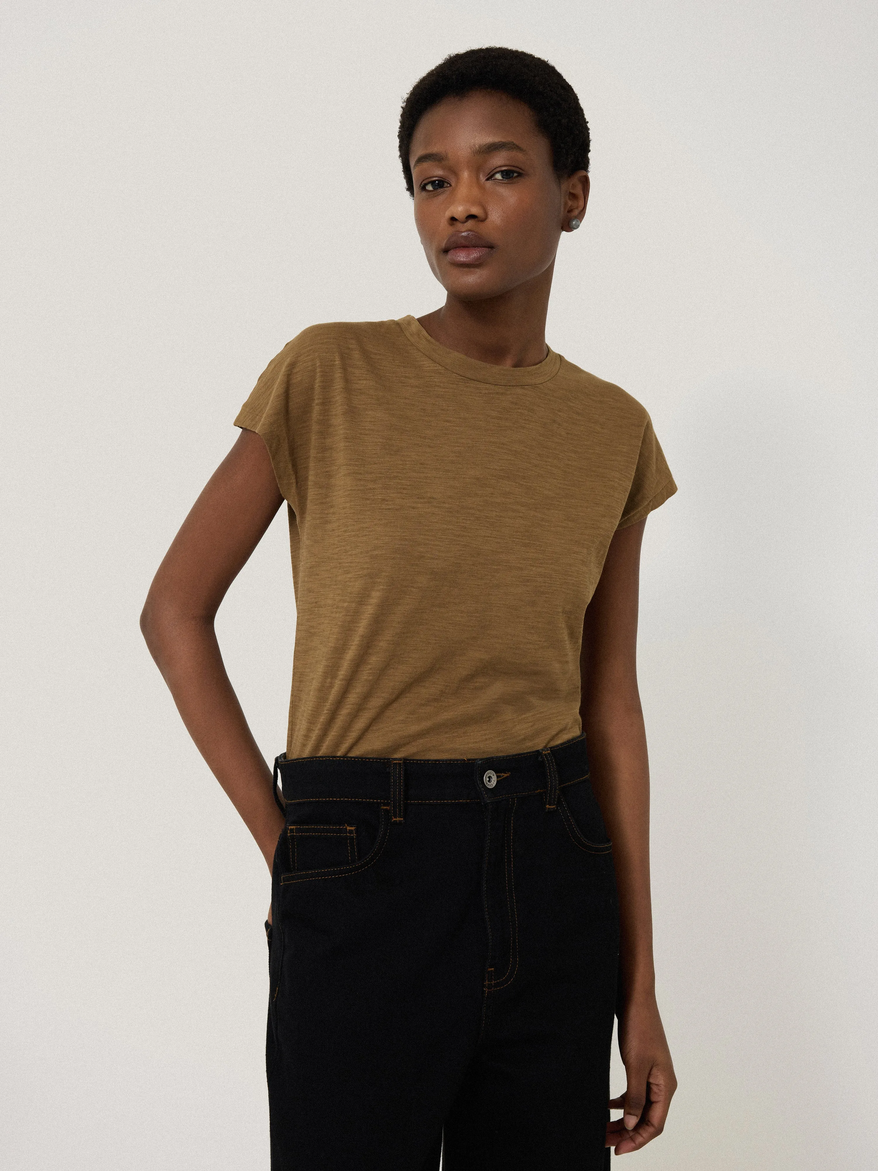 Harlech Cap Sleeve Top | Khaki sold by Jigsaw