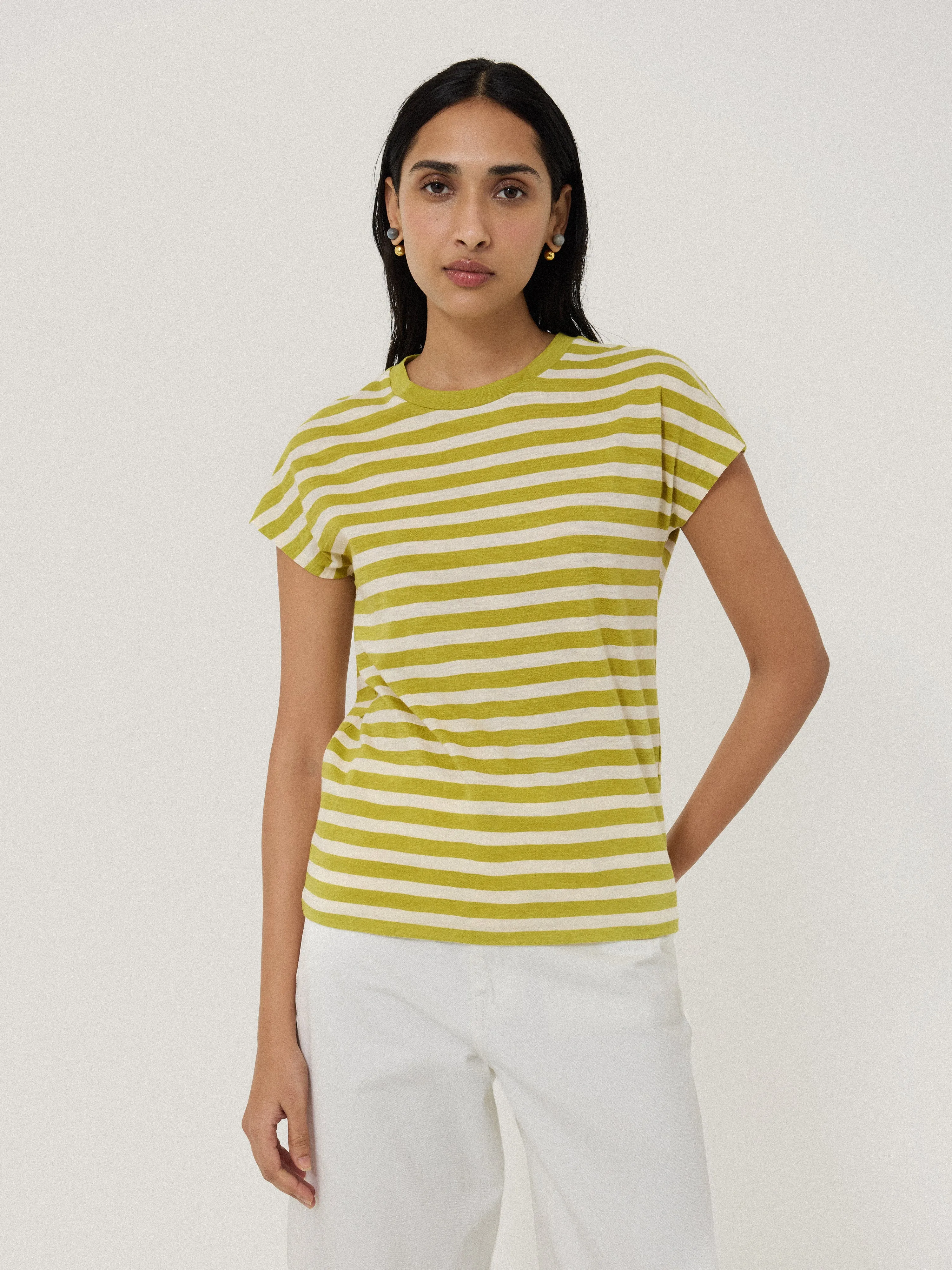 Cotton Slub Stripe Cap Sleeve Top | Green sold by Jigsaw