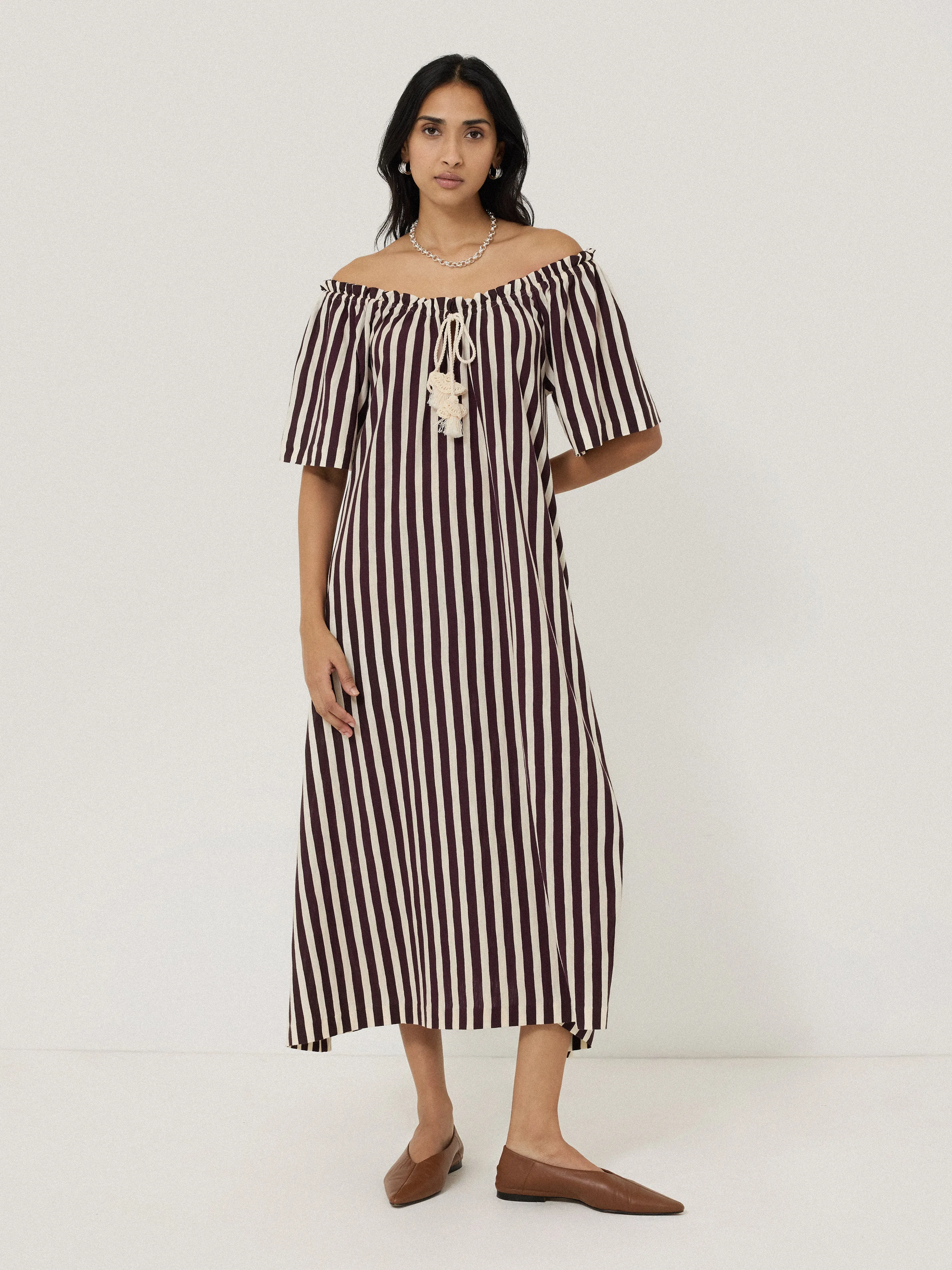 Drawstring Stripe Cotton Dress | Oxblood sold by Jigsaw