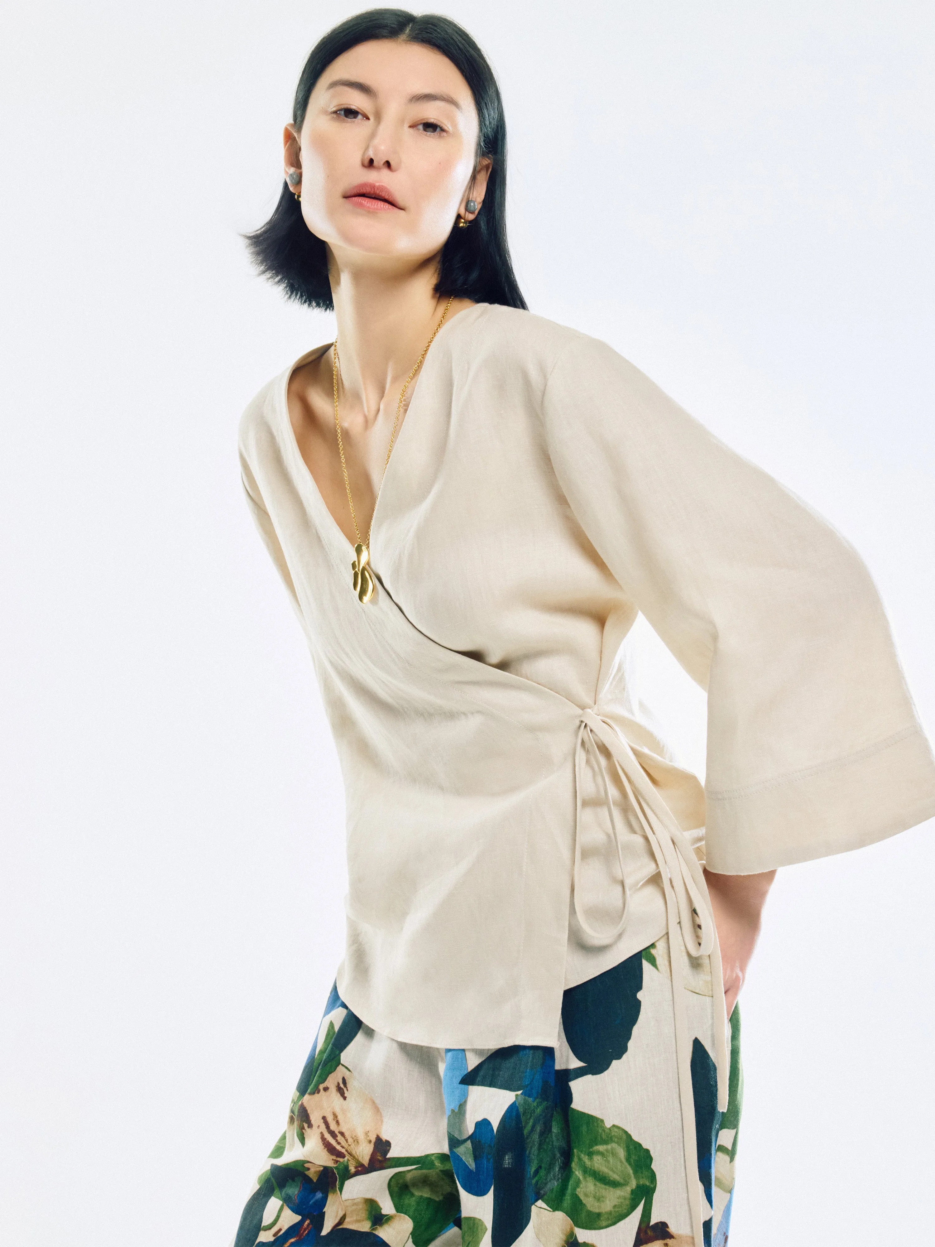 Linen Wrap Front Top | Beige sold by Jigsaw