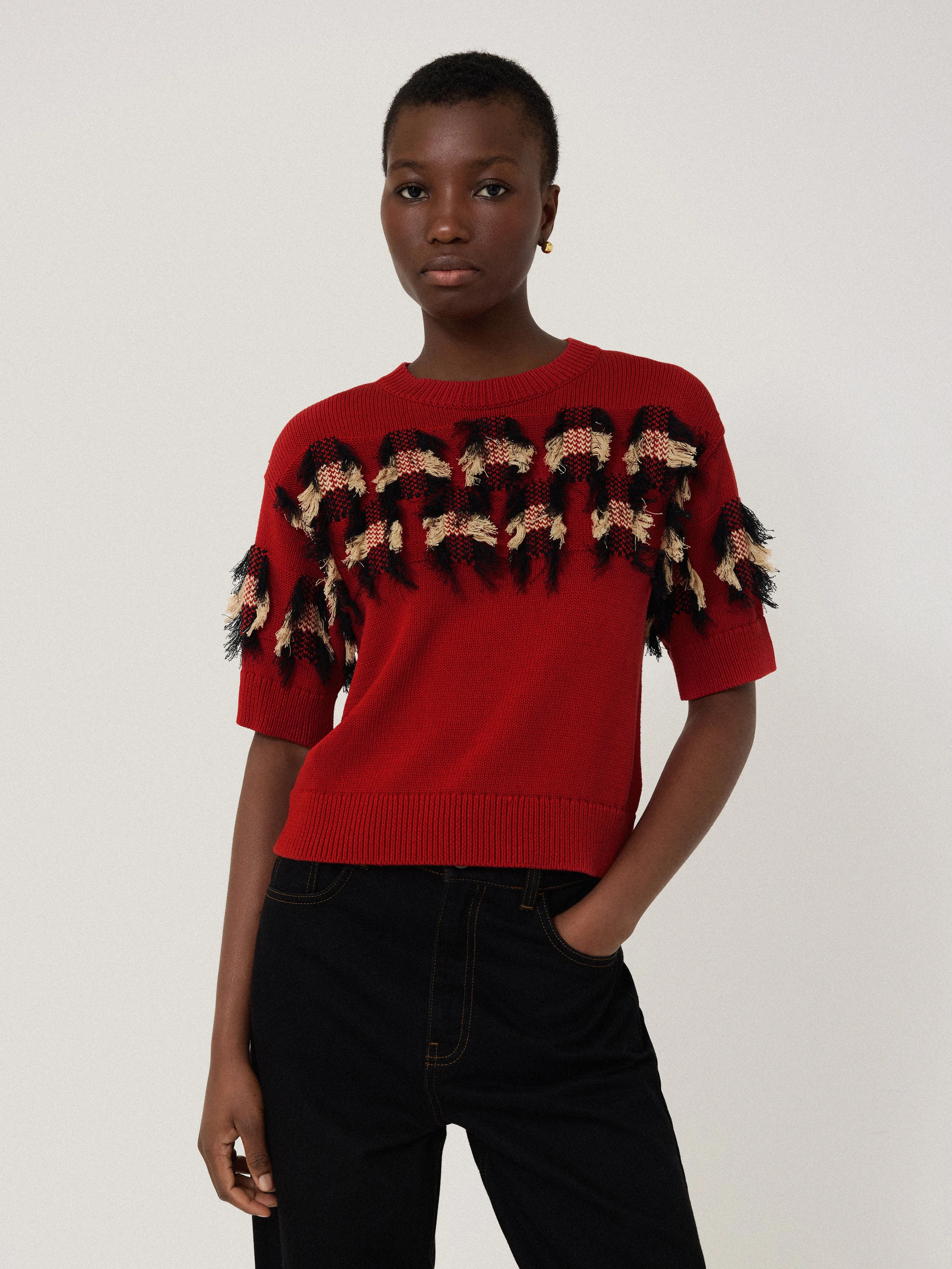 Fringe Jacquard Knit Top | Orange sold by Jigsaw