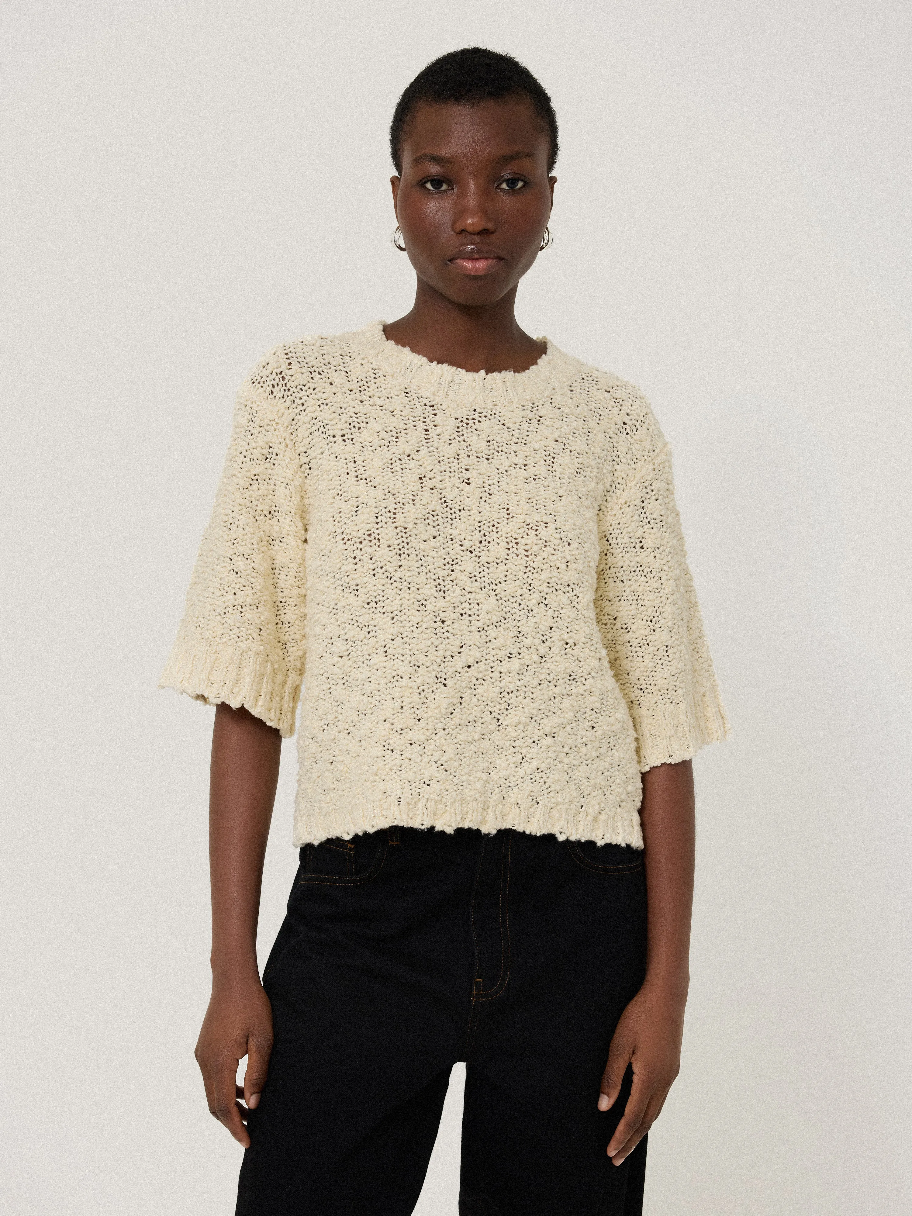 Cotton Blend Boucle T Shirt | Cream sold by Jigsaw