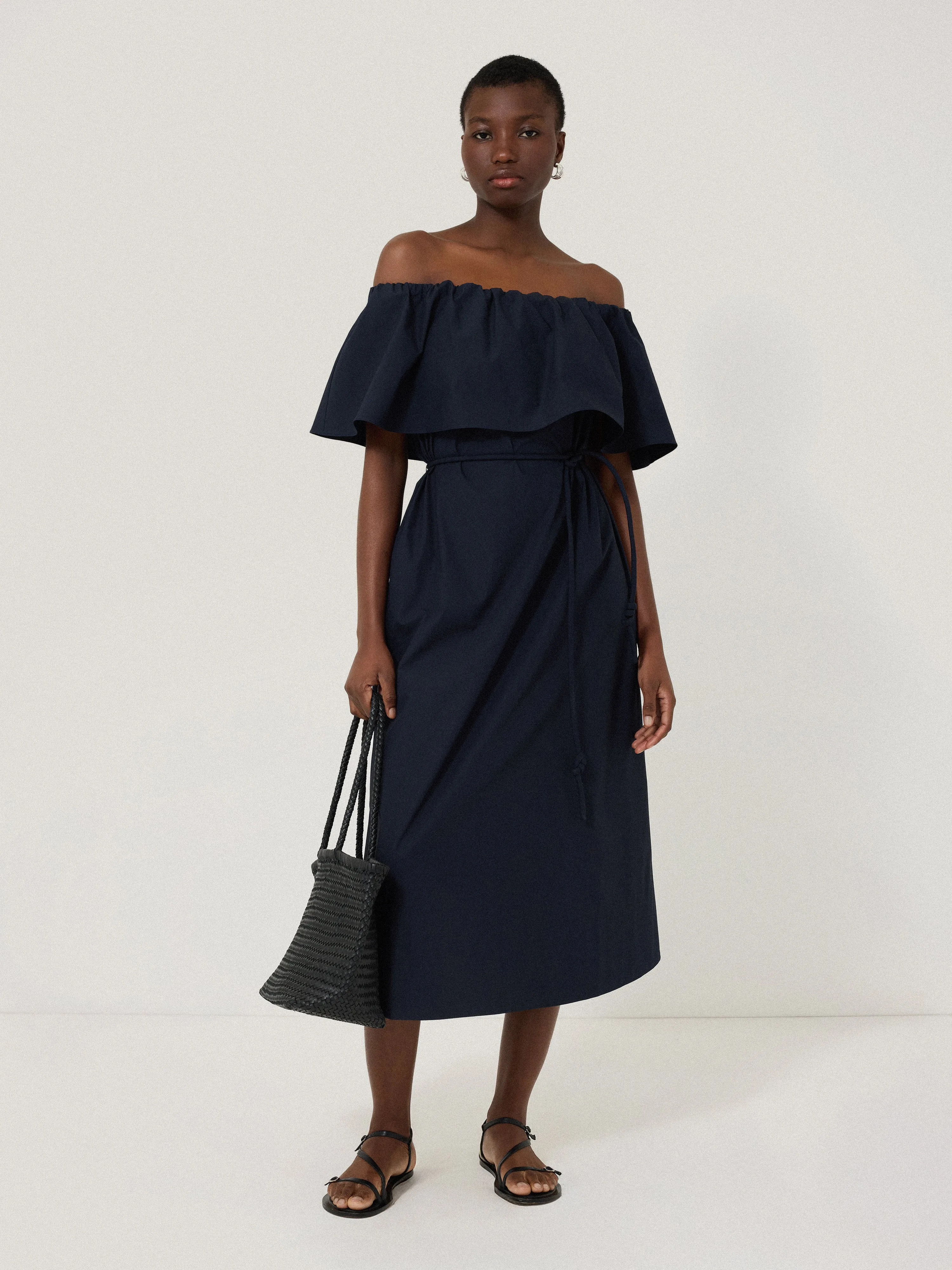 Off The Shoulder Poplin Dress | Navy sold by Jigsaw