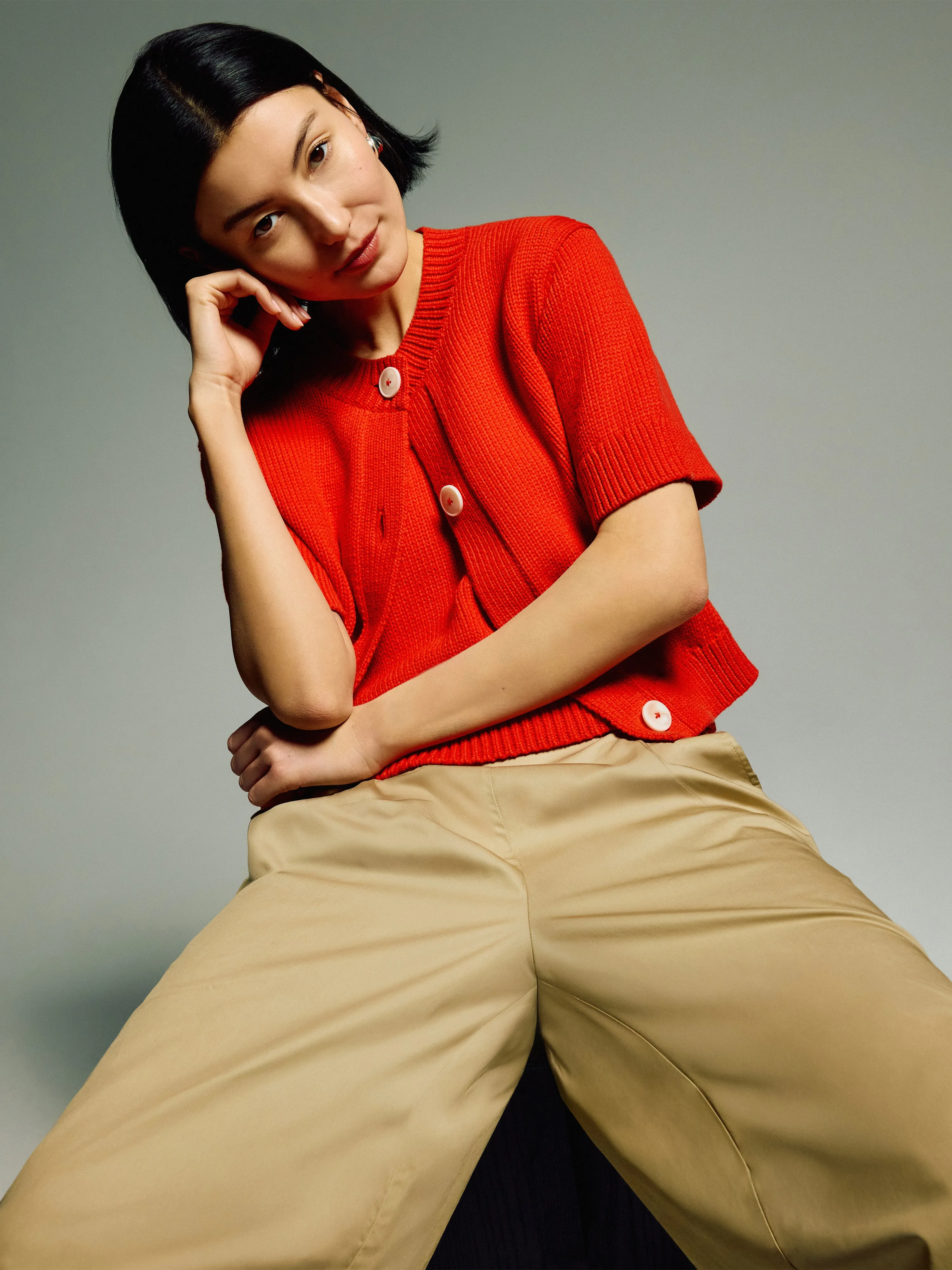 Short Sleeve Cardigan Top | Red sold by Jigsaw