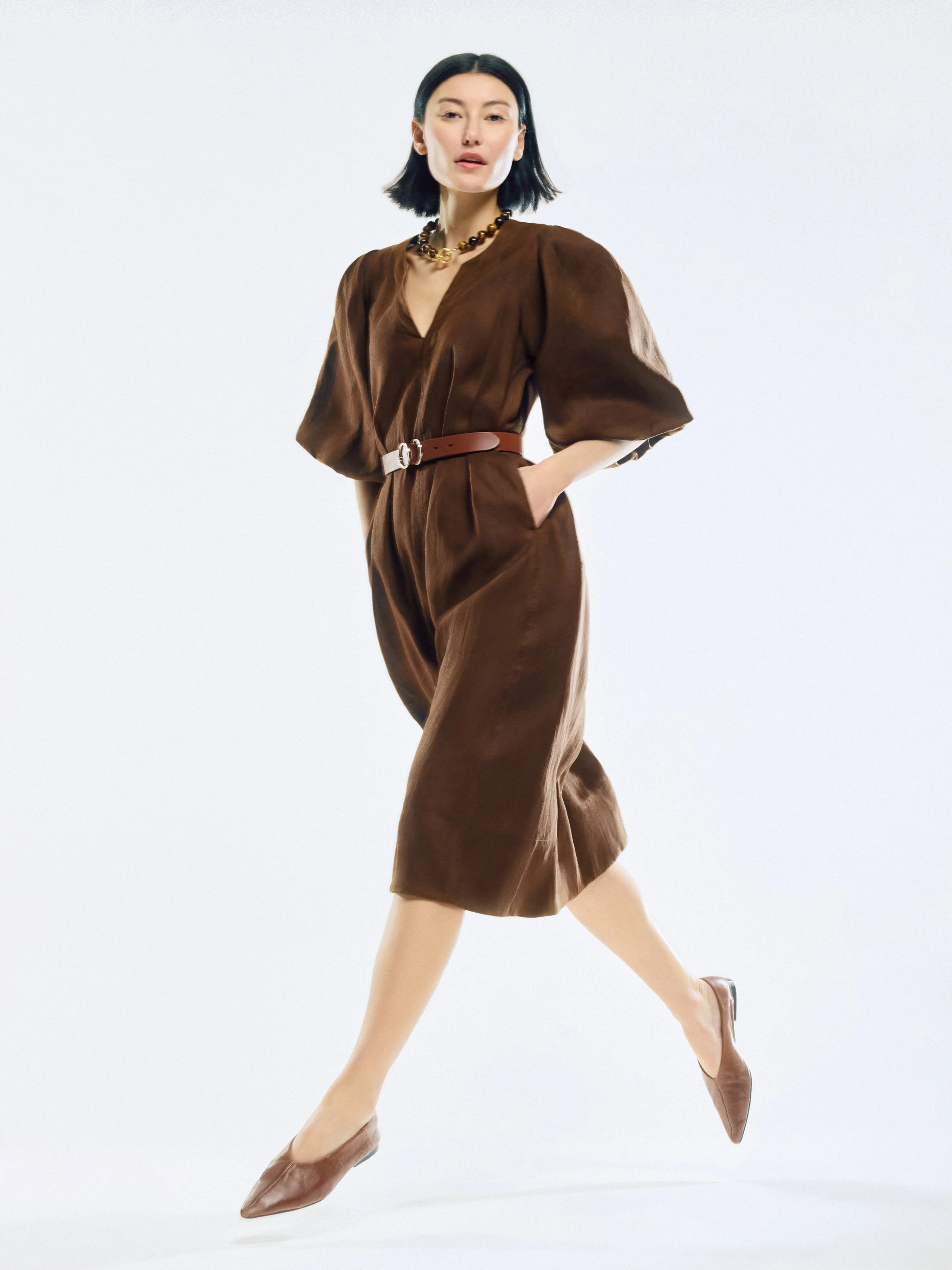 Linen Puff Sleeve Midi Dress | Brown sold by Jigsaw