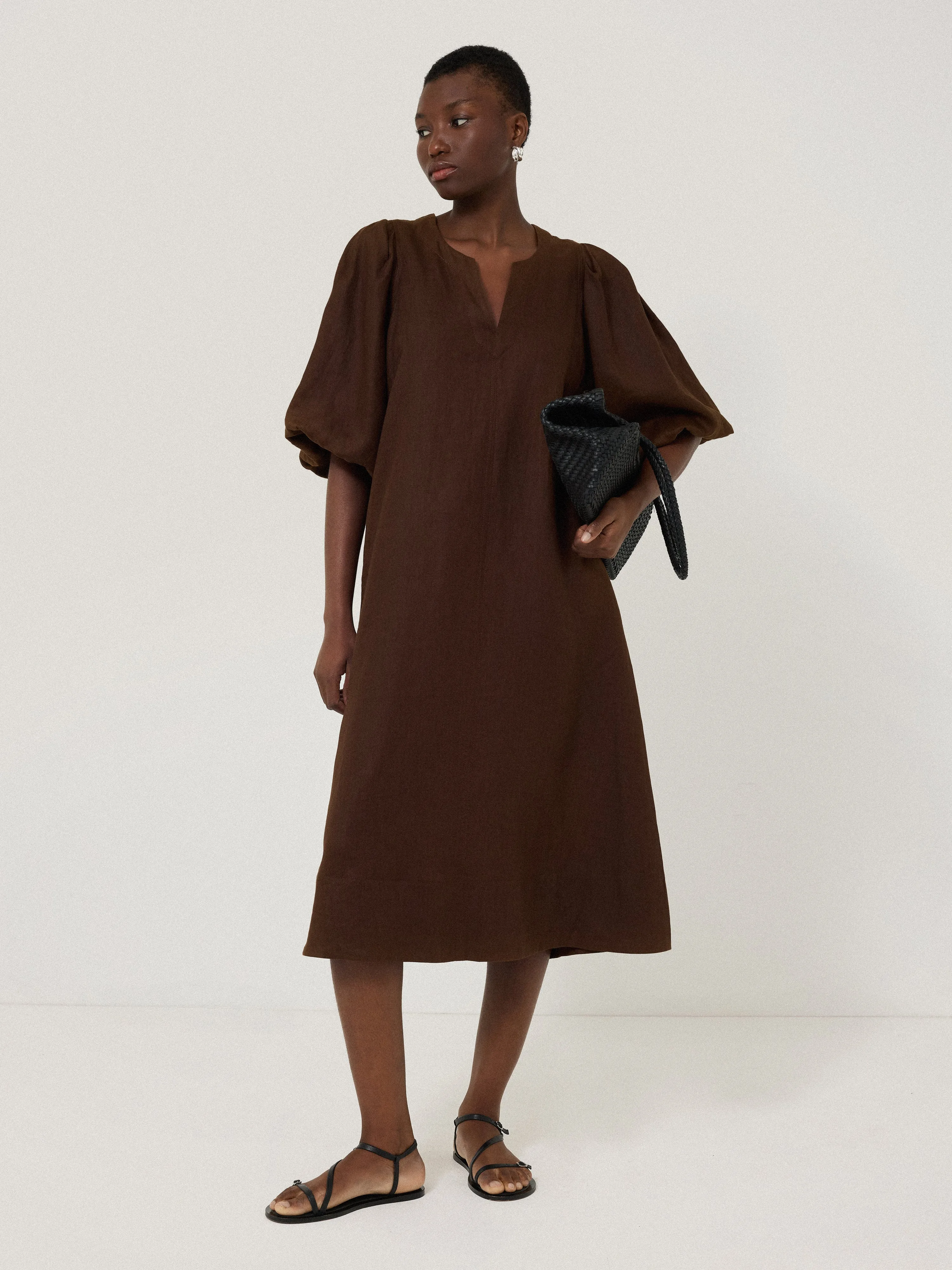 Linen Puff Sleeve Midi Dress | Brown sold by Jigsaw product image thumbnail 4