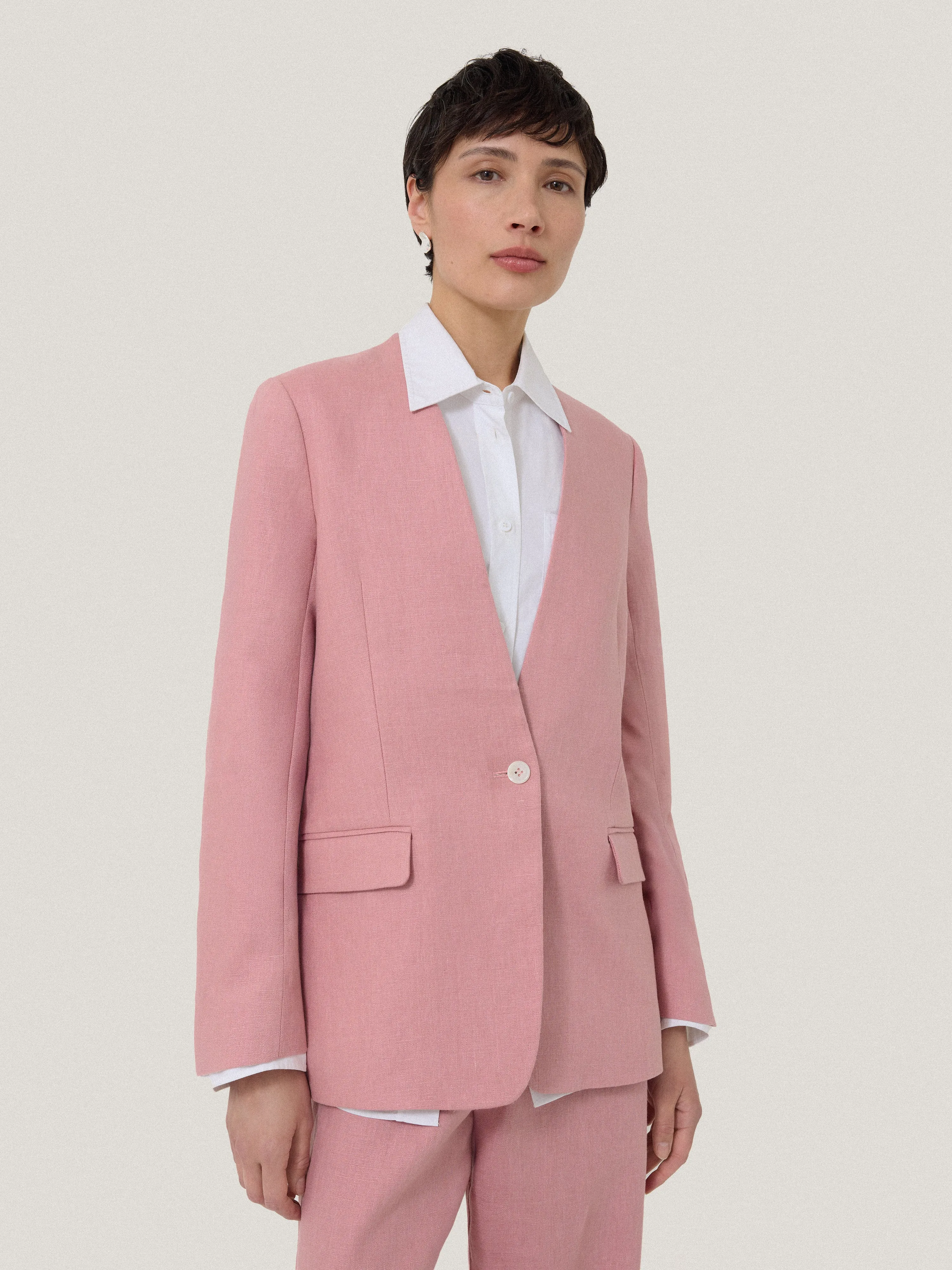 Linen Collarless Blazer | Pink sold by Jigsaw
