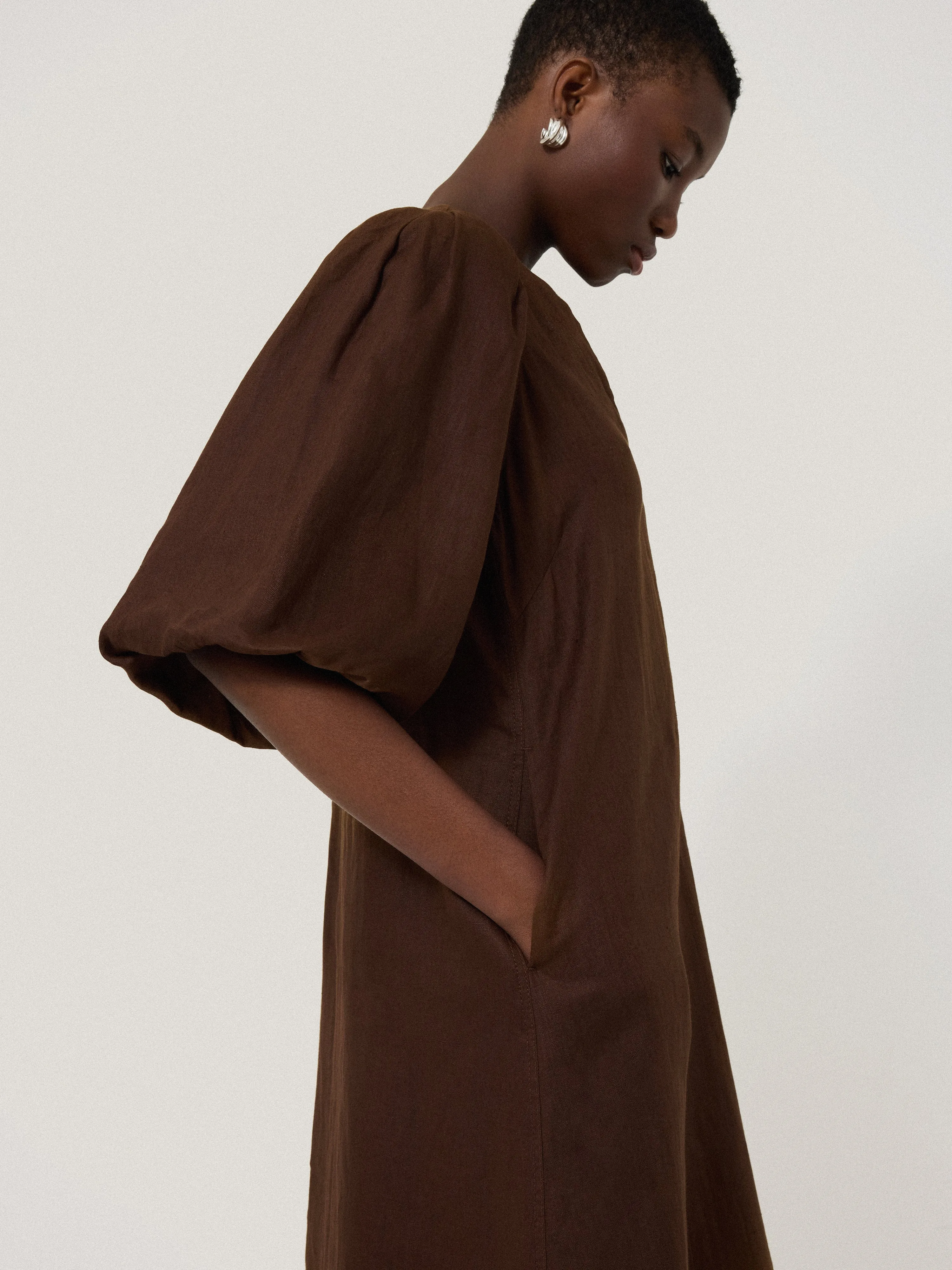 Linen Puff Sleeve Midi Dress | Brown sold by Jigsaw product image thumbnail 5