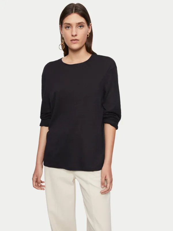 Linen Long Sleeve Crew Tee | Black sold by Jigsaw
