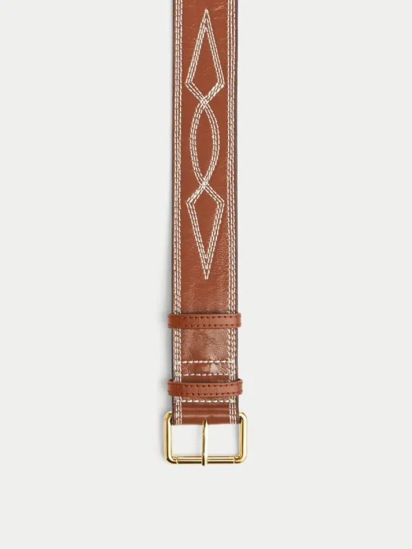 Collagerie Stitch Leather Belt | Tan sold by Jigsaw