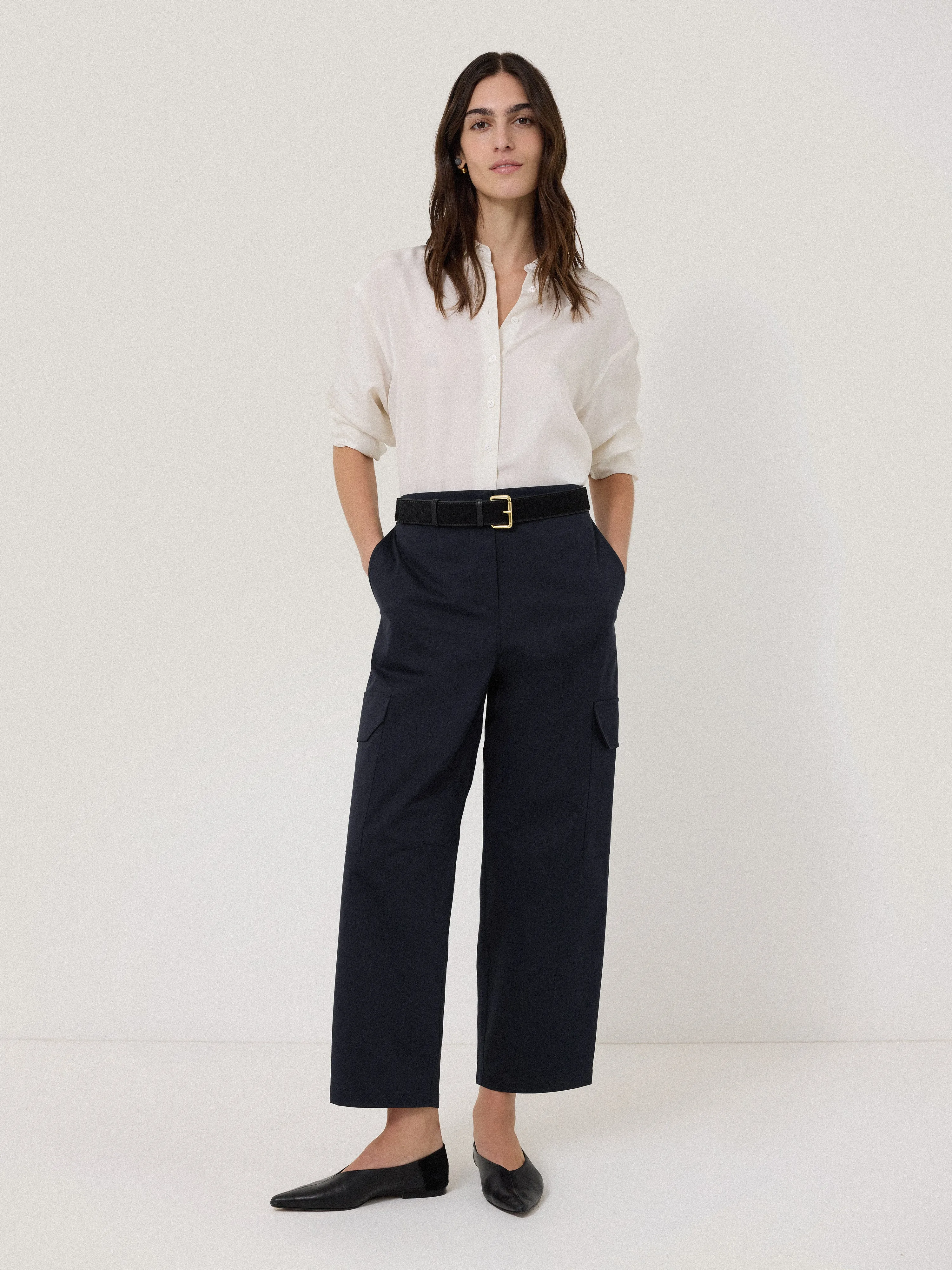 Cotton Viscose Cargo Trouser | Navy sold by Jigsaw