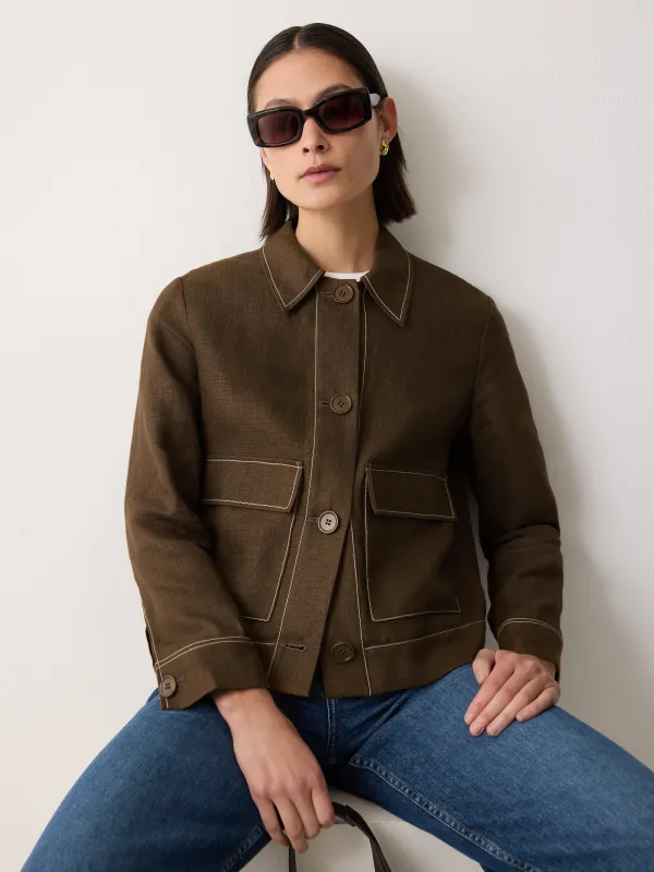 Linen Cropped Utility Jacket | Brown sold by Jigsaw