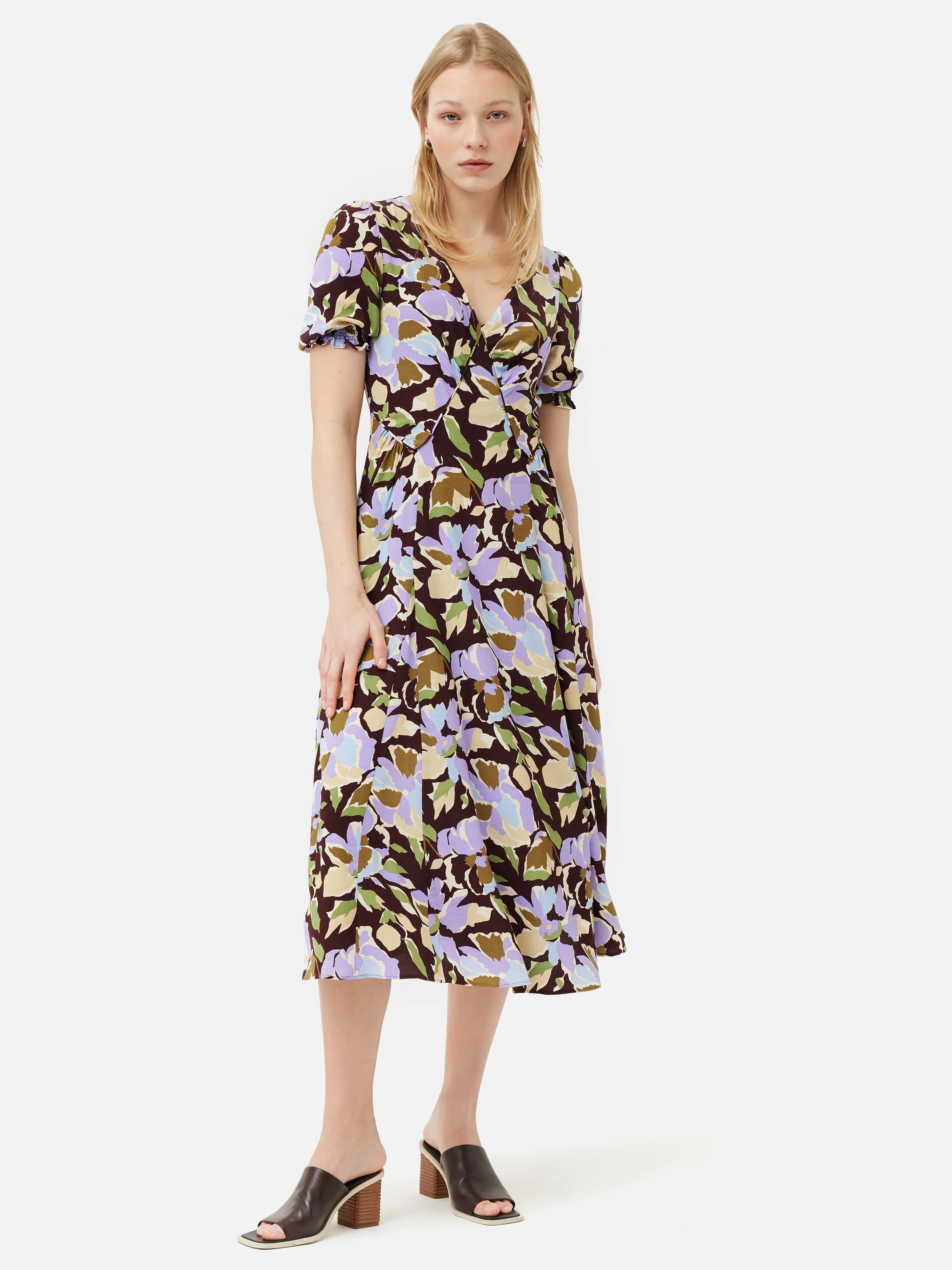 Graphic Pansy Crepe Tea Dress | Deep Plum sold by Jigsaw