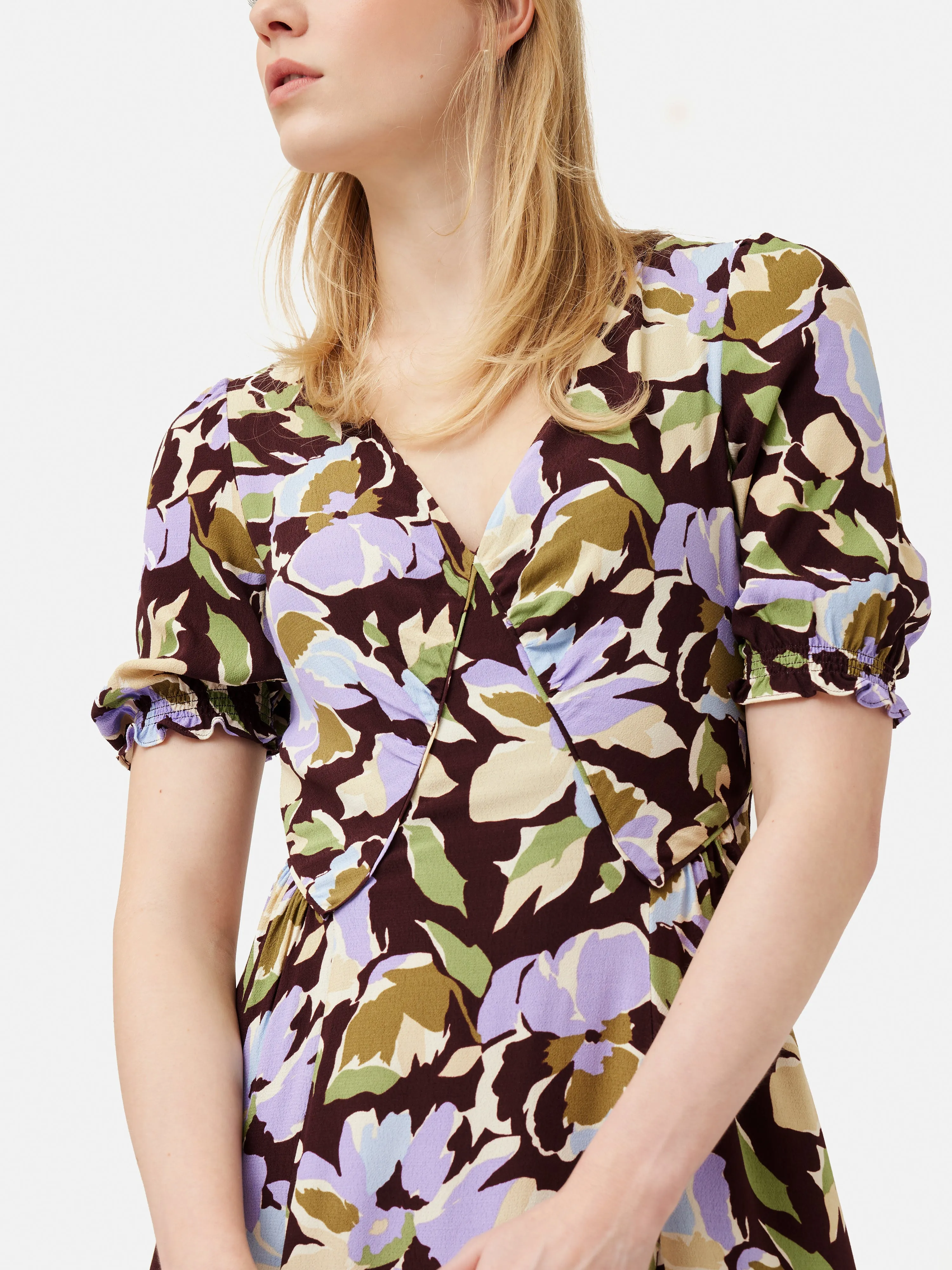 Graphic Pansy Crepe Tea Dress | Deep Plum sold by Jigsaw product image thumbnail 4