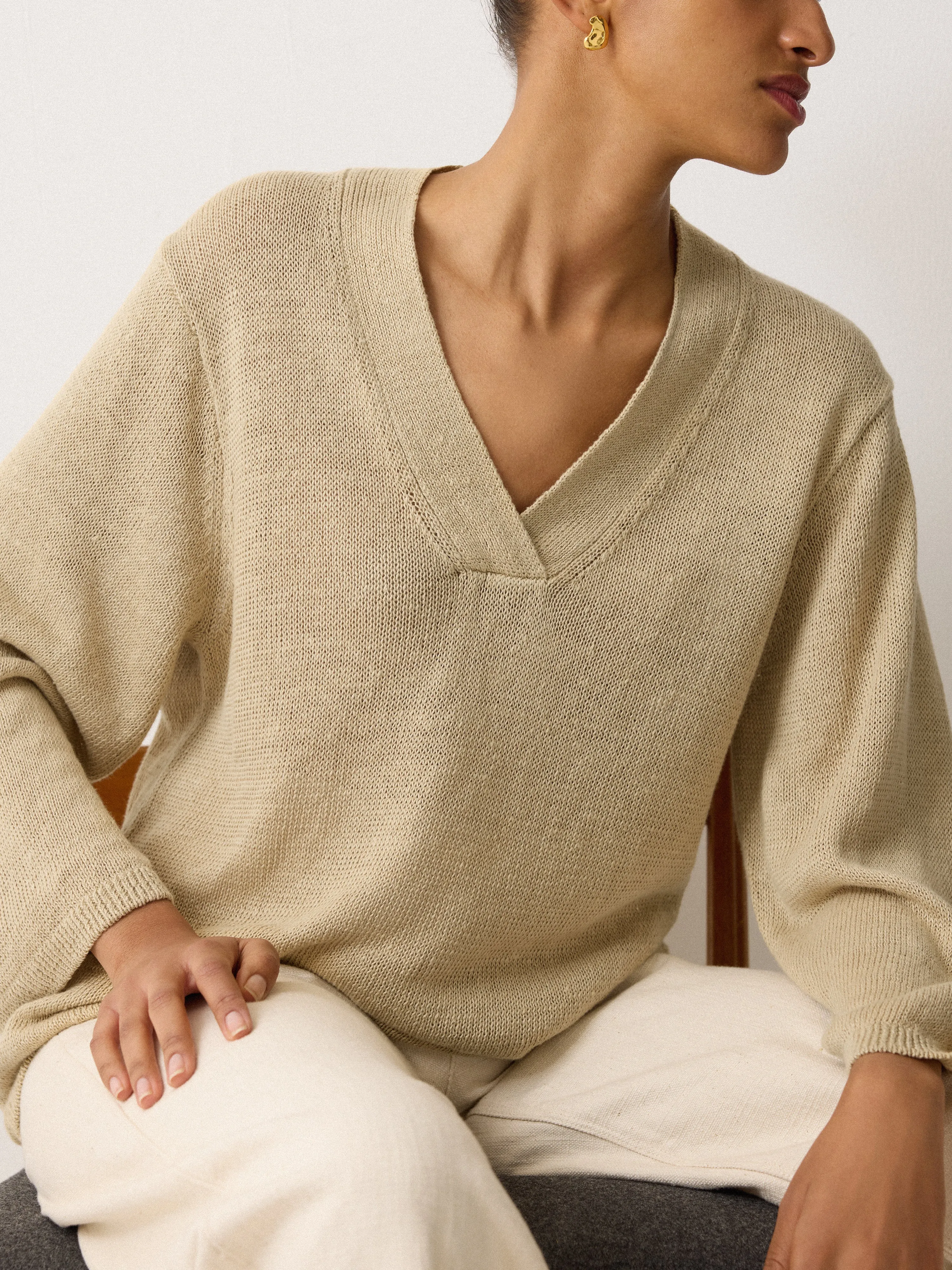 Linen V Neck Slouchy Jumper | Sand sold by Jigsaw
